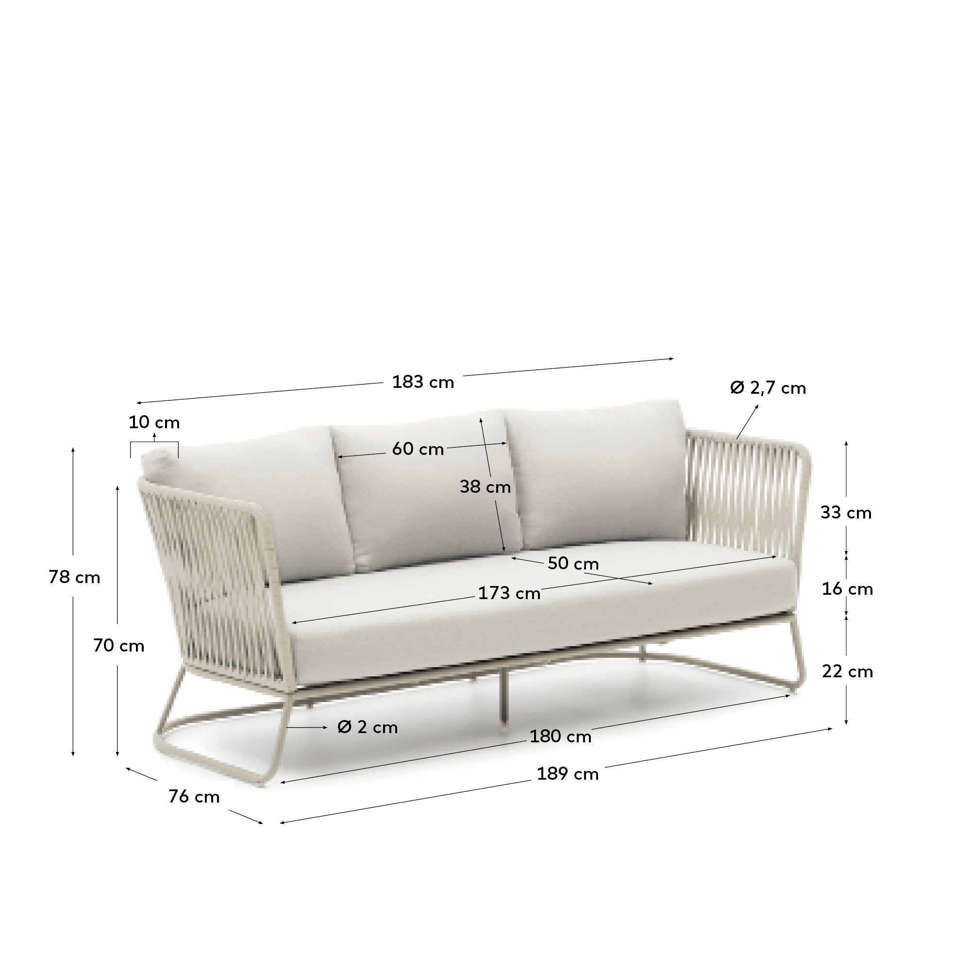 Saconca outdoor 3-seater sofa in rope cord and grey galvanised steel 189cm - Measurements