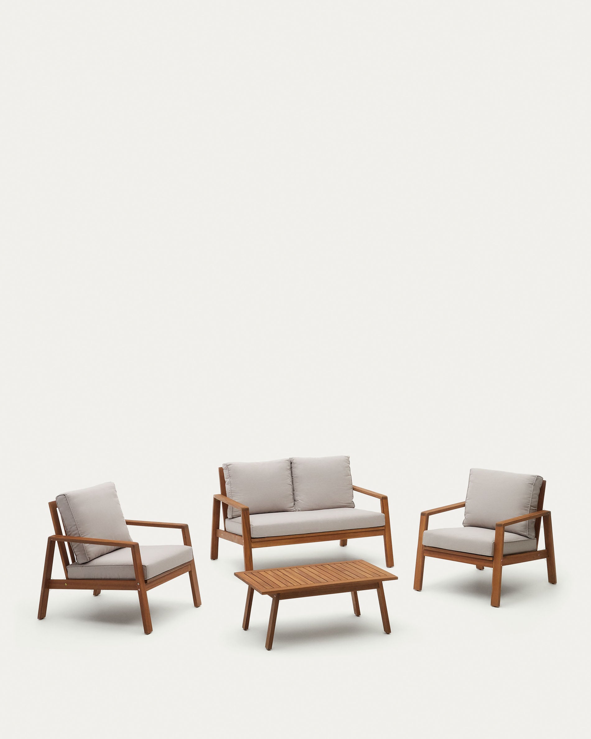 Frares set, 2 seater sofa, 2 armchairs & coffee table, made from solid acacia wood - Product View