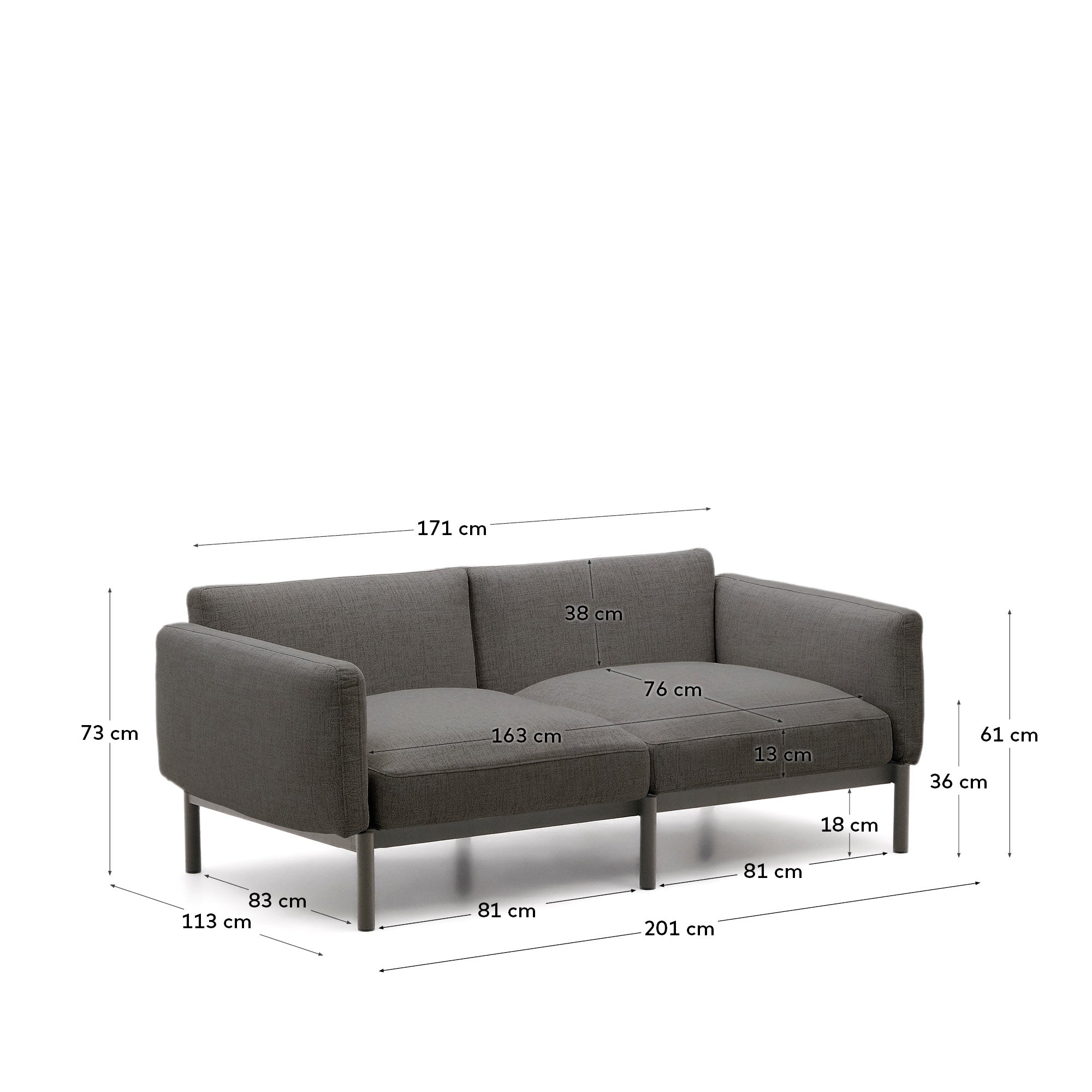 Sorells modular 2-seater outdoor sofa in aluminium with grey finish 201 cm - Measurements