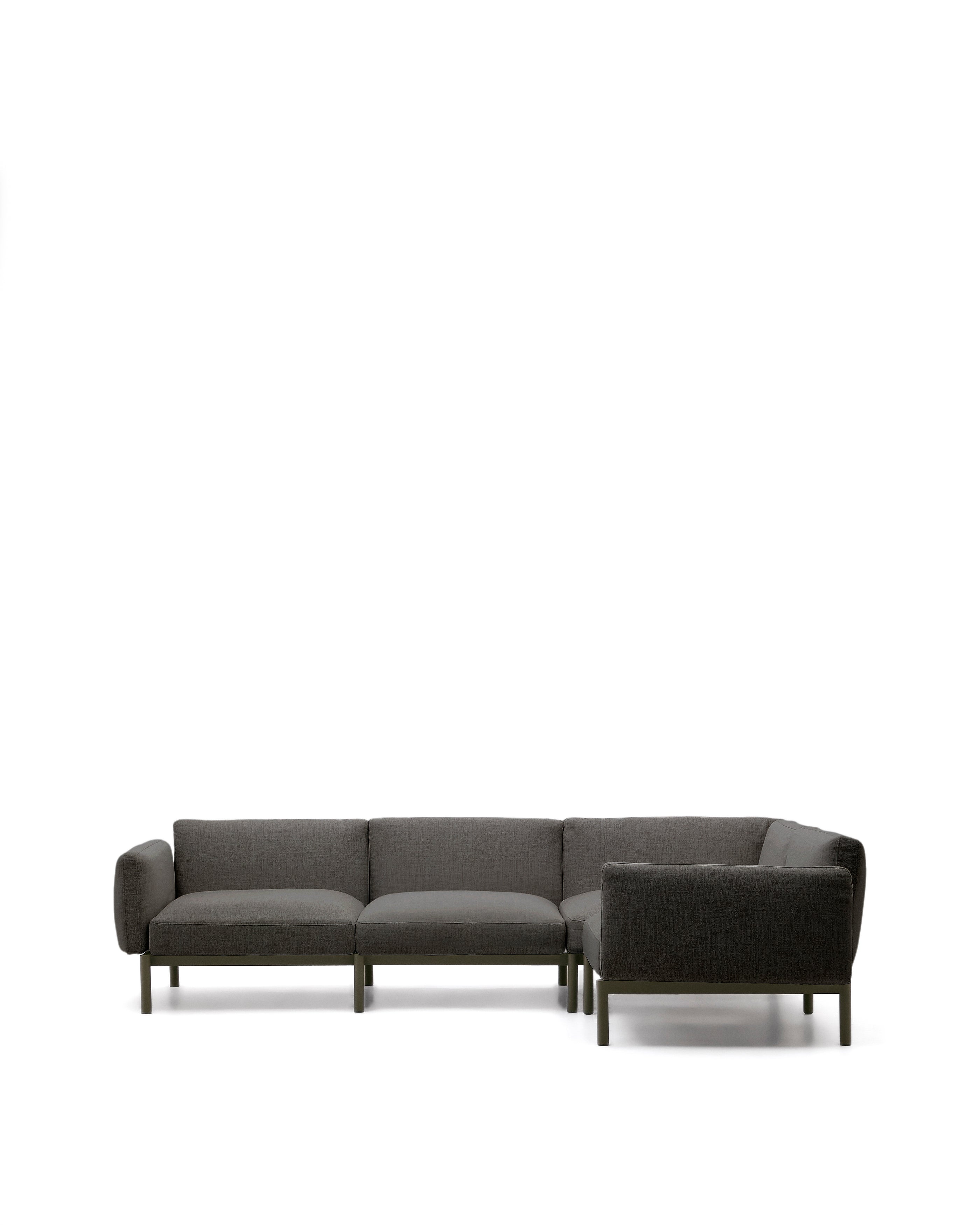 Sorells kültéri moduláris 5 üléses sarokkanapé szürke kárpittal és zöld alumíniummal 276 x 191,5 cm