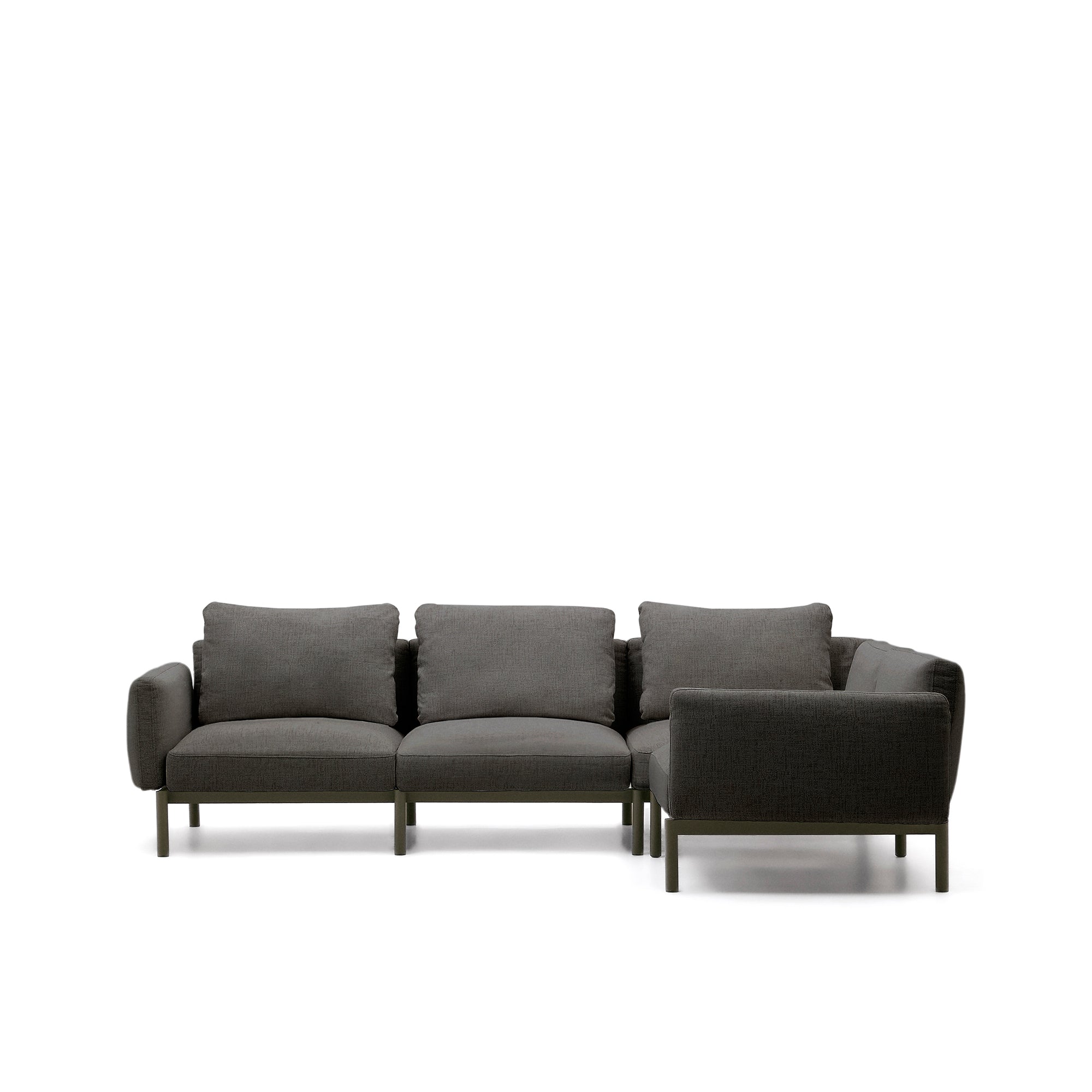 Sorells kültéri moduláris 5 üléses sarokkanapé szürke kárpittal és zöld alumíniummal 276 x 191,5 cm