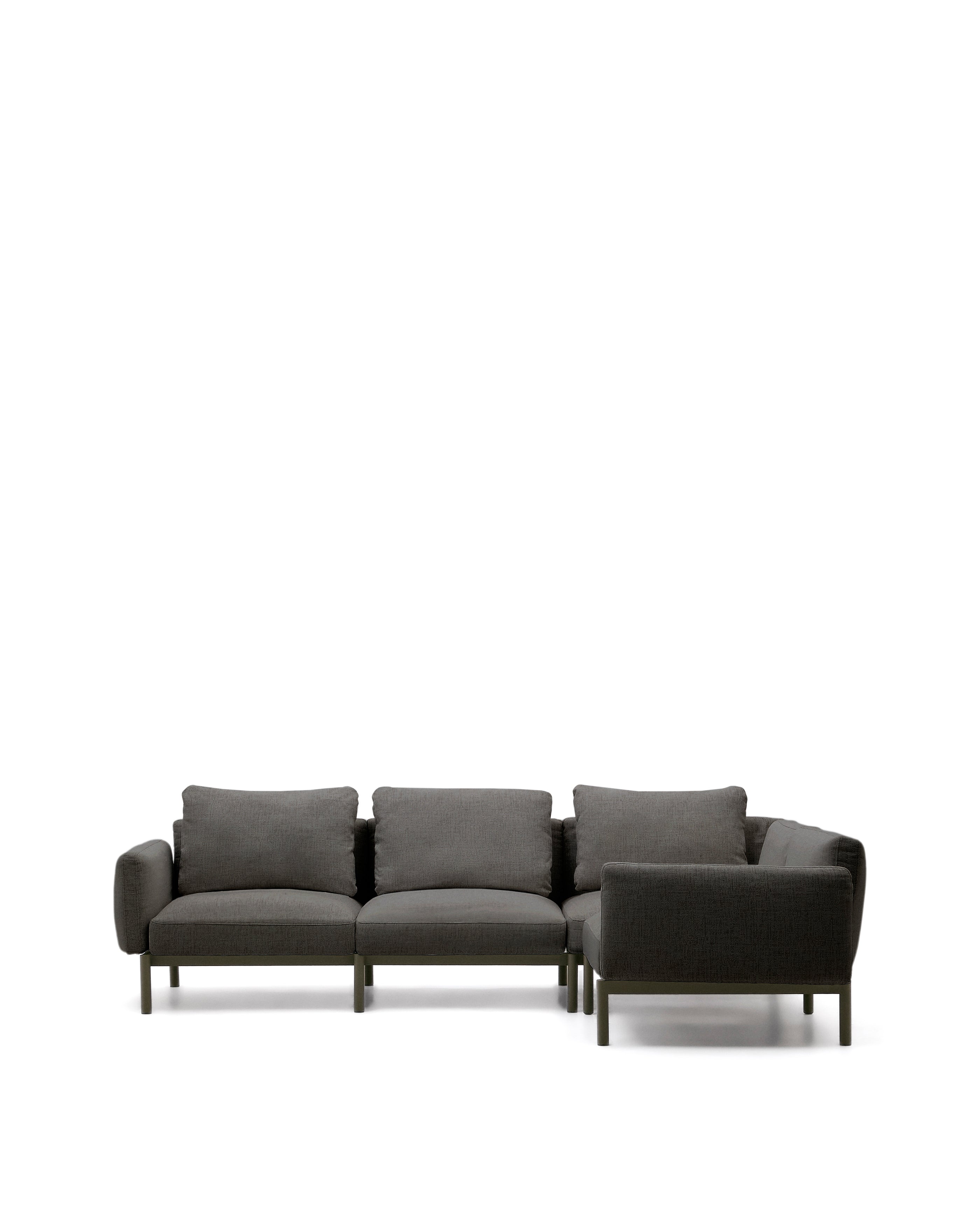Sorells kültéri moduláris 5 üléses sarokkanapé szürke kárpittal és zöld alumíniummal 276 x 191,5 cm