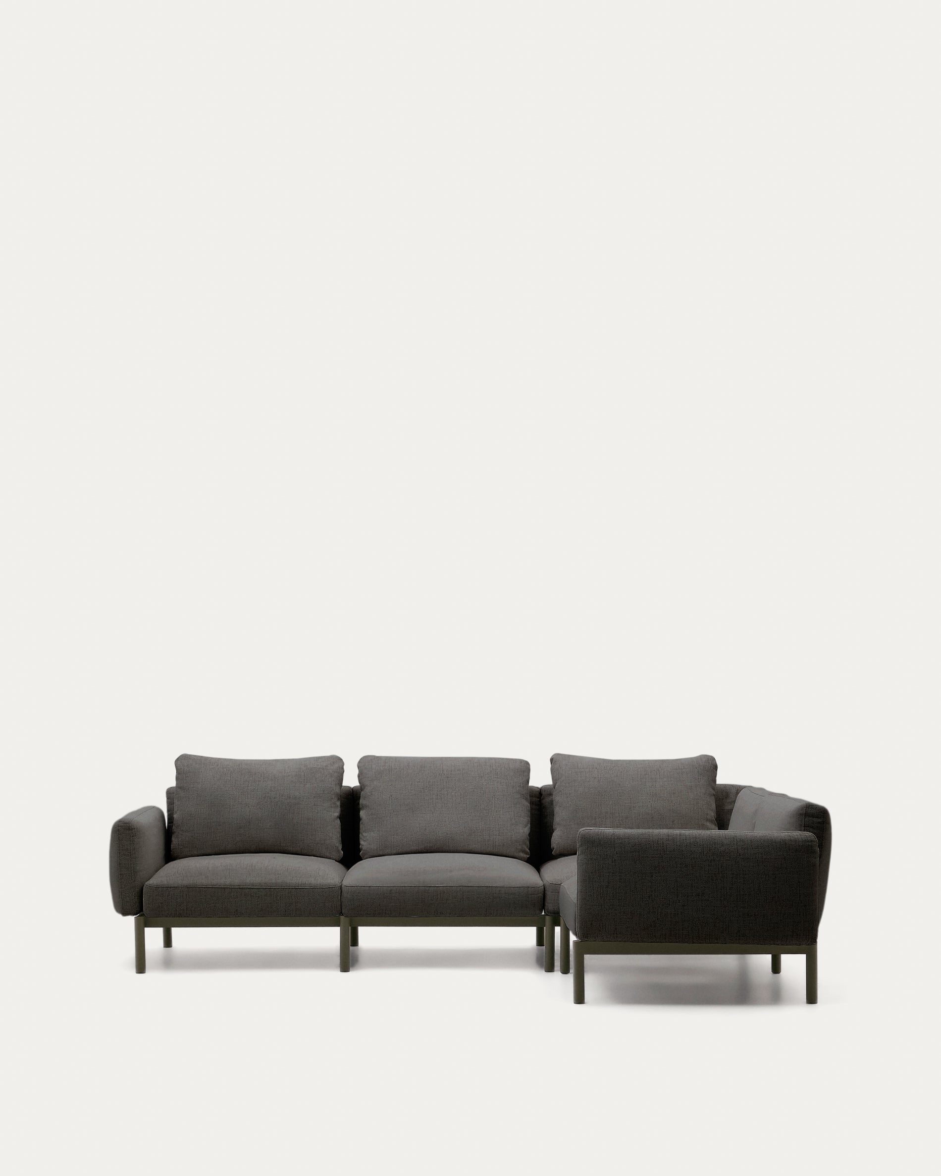 Sorells kültéri moduláris 5 üléses sarokkanapé szürke kárpittal és zöld alumíniummal 276 x 191,5 cm