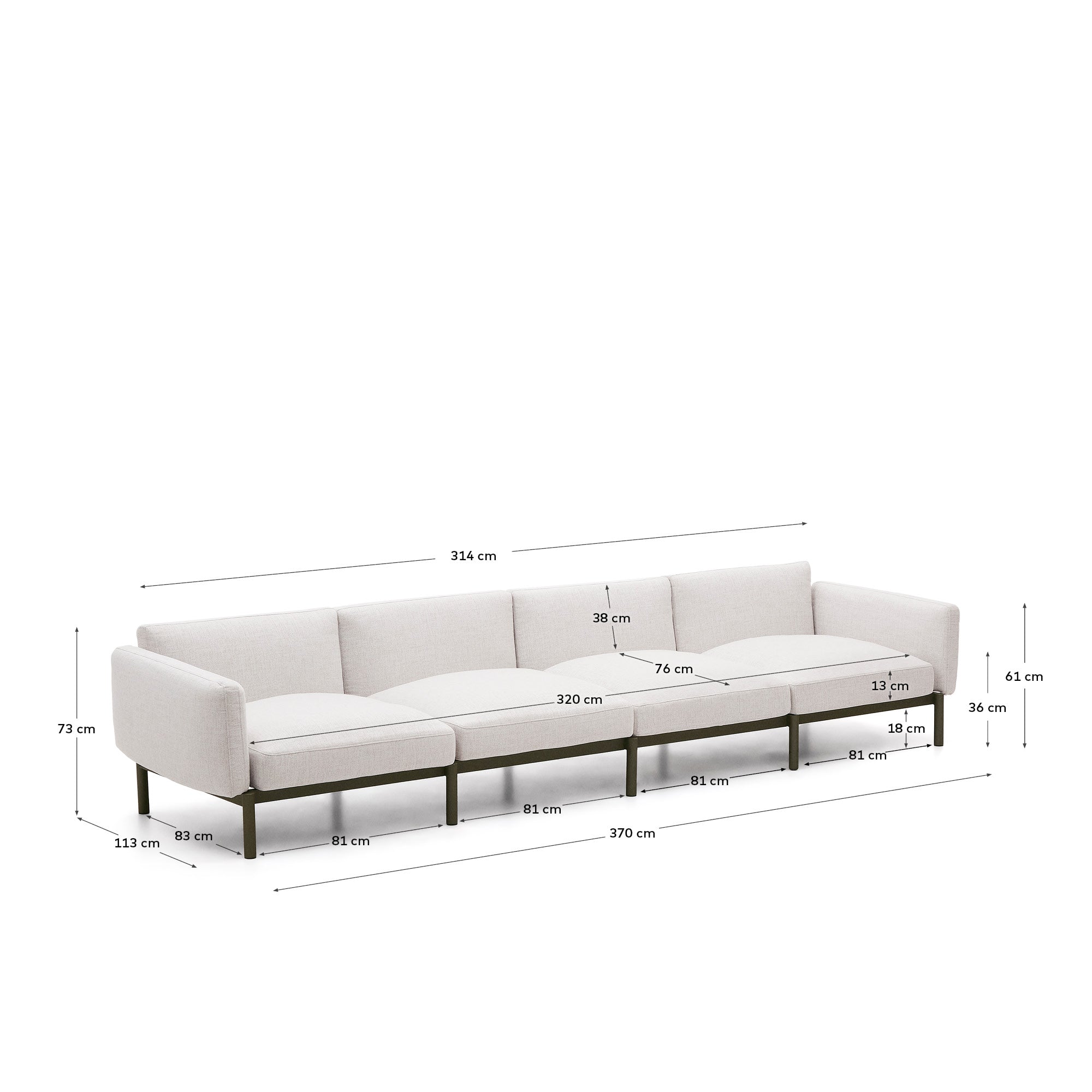 Sorells 4-seater modular outdoor sofa in aluminium with green finish 370 cm - Measurements