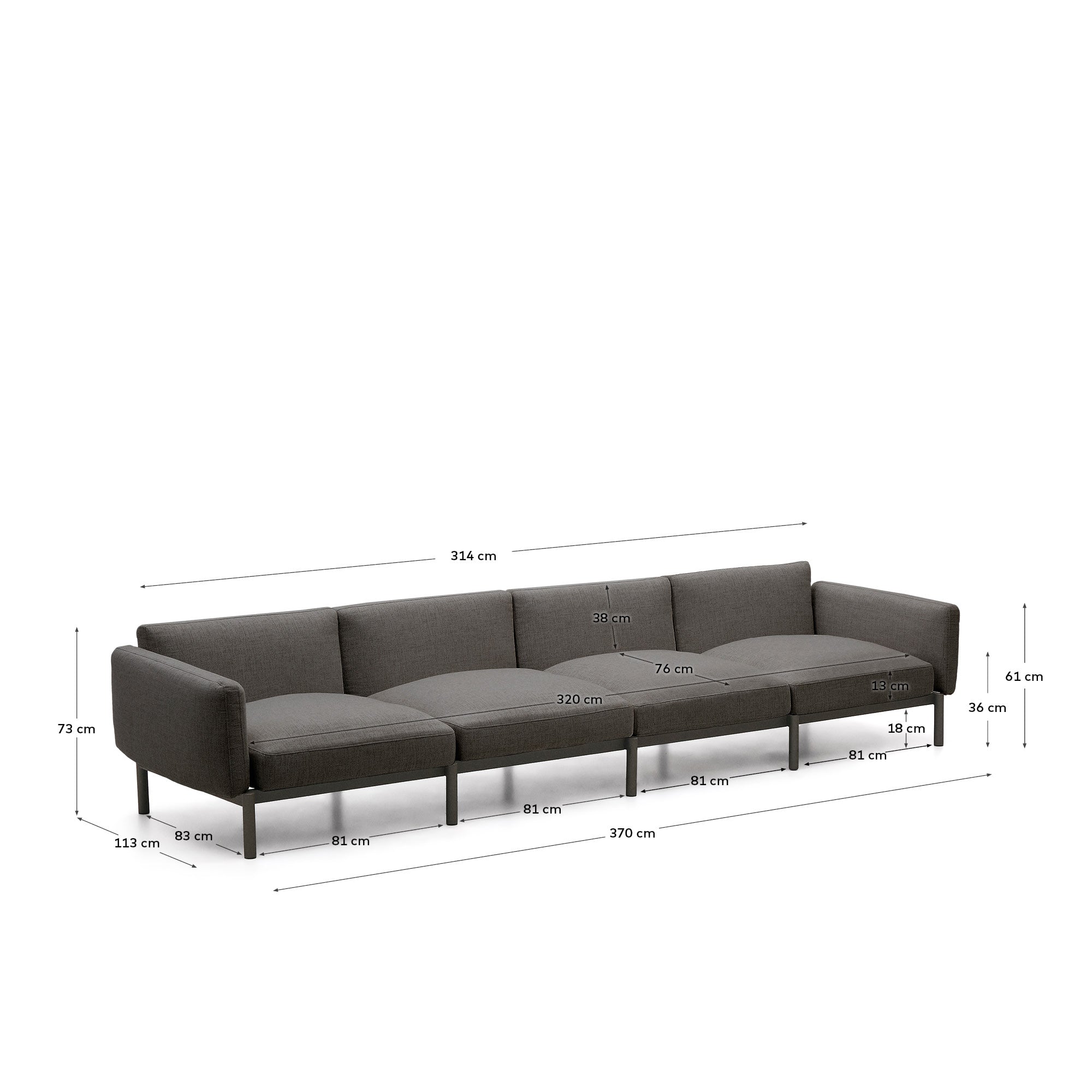 Sorells modular 4-seater outdoor sofa in aluminium with grey finish 370 cm - Measurements