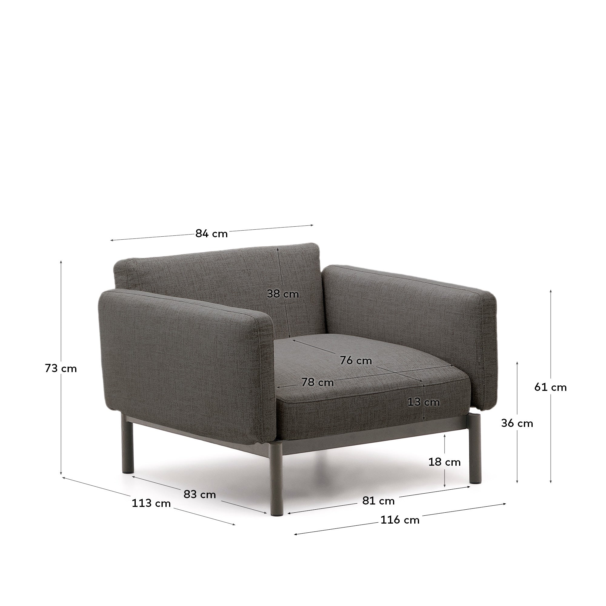 Sorells modular outdoor armchair in aluminium with a grey finish - Measurements