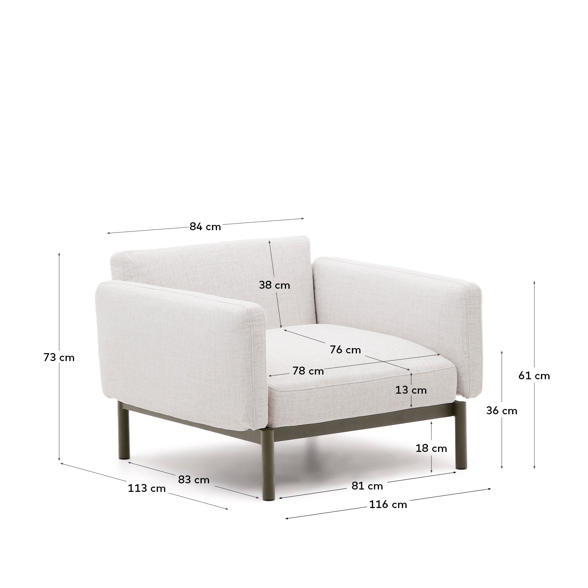 Sorells outdoor modular armchair in aluminium with green finish - Measurements