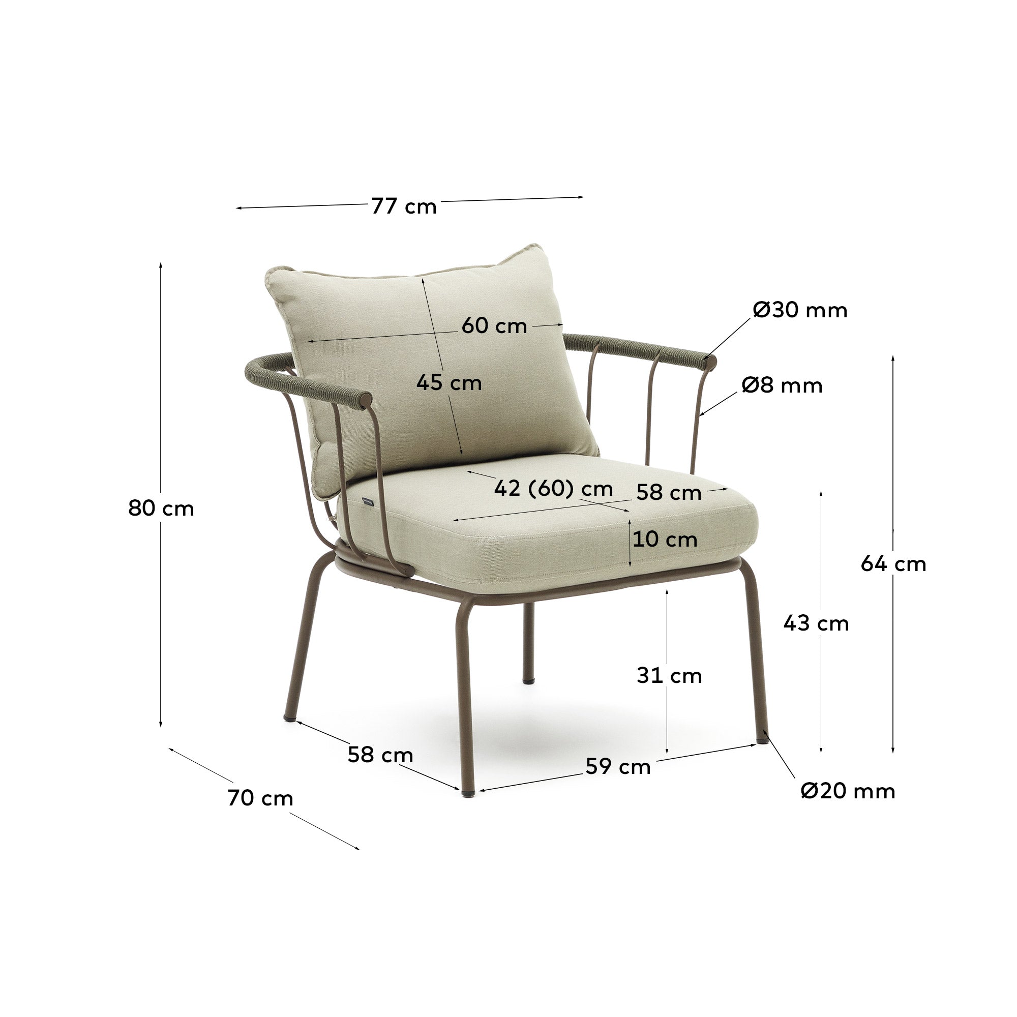 Salguer armchair in green cord and steel with a brown painted finish - Measurements