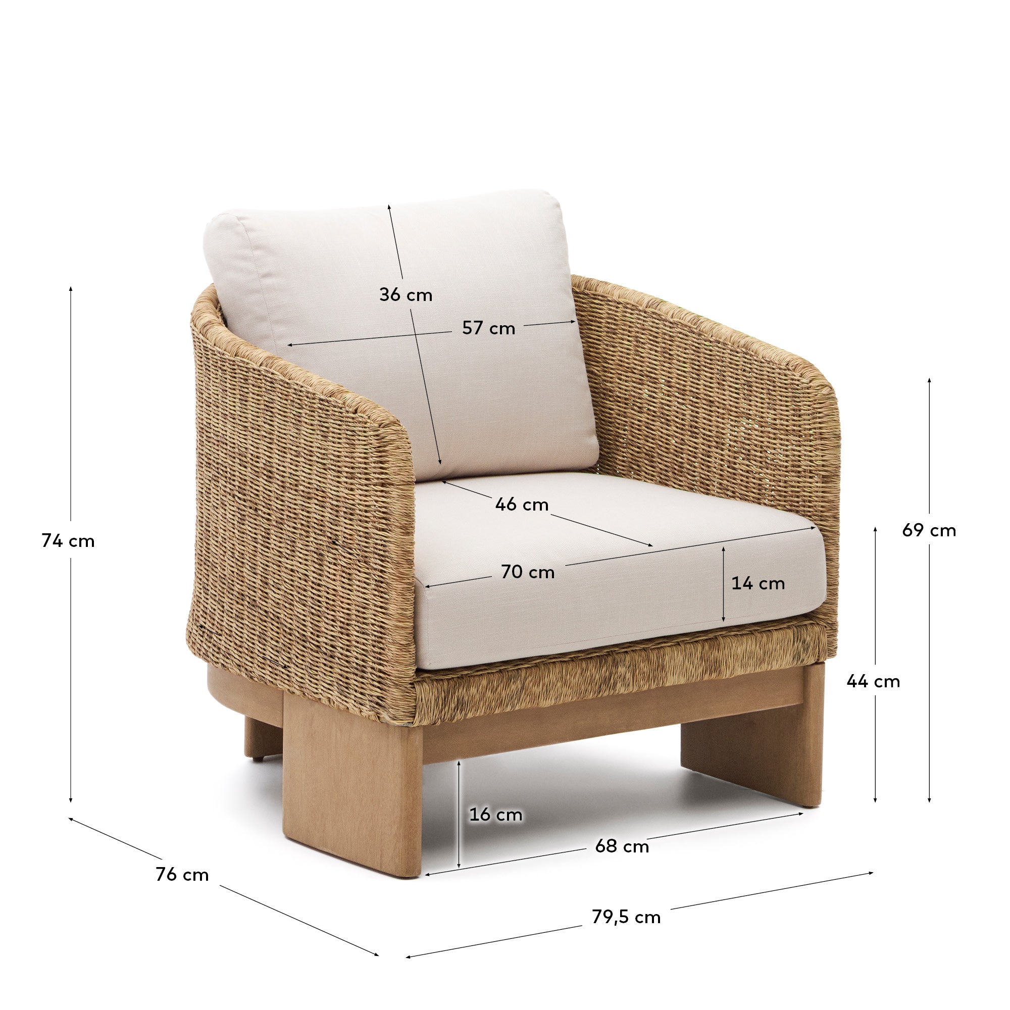 Xoriguer armchair in synthetic rattan and solid eucalyptus wood FSC 100% - Measurements
