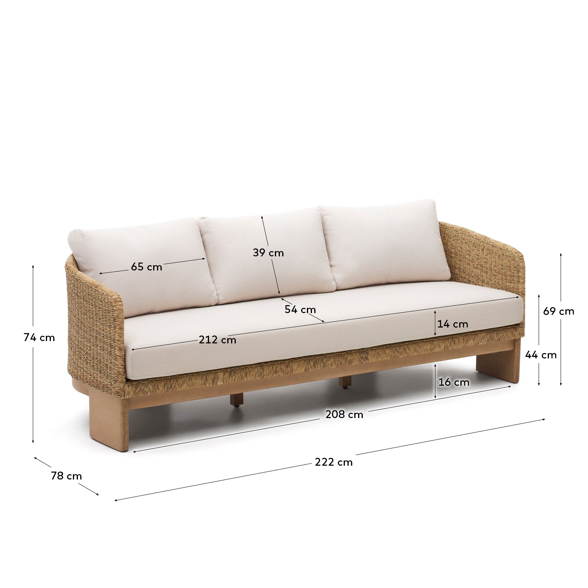 Xoriguer 3-seater sofa in synthetic rattan and solid eucalyptus wood, 223 cm FSC 100% - Measurements