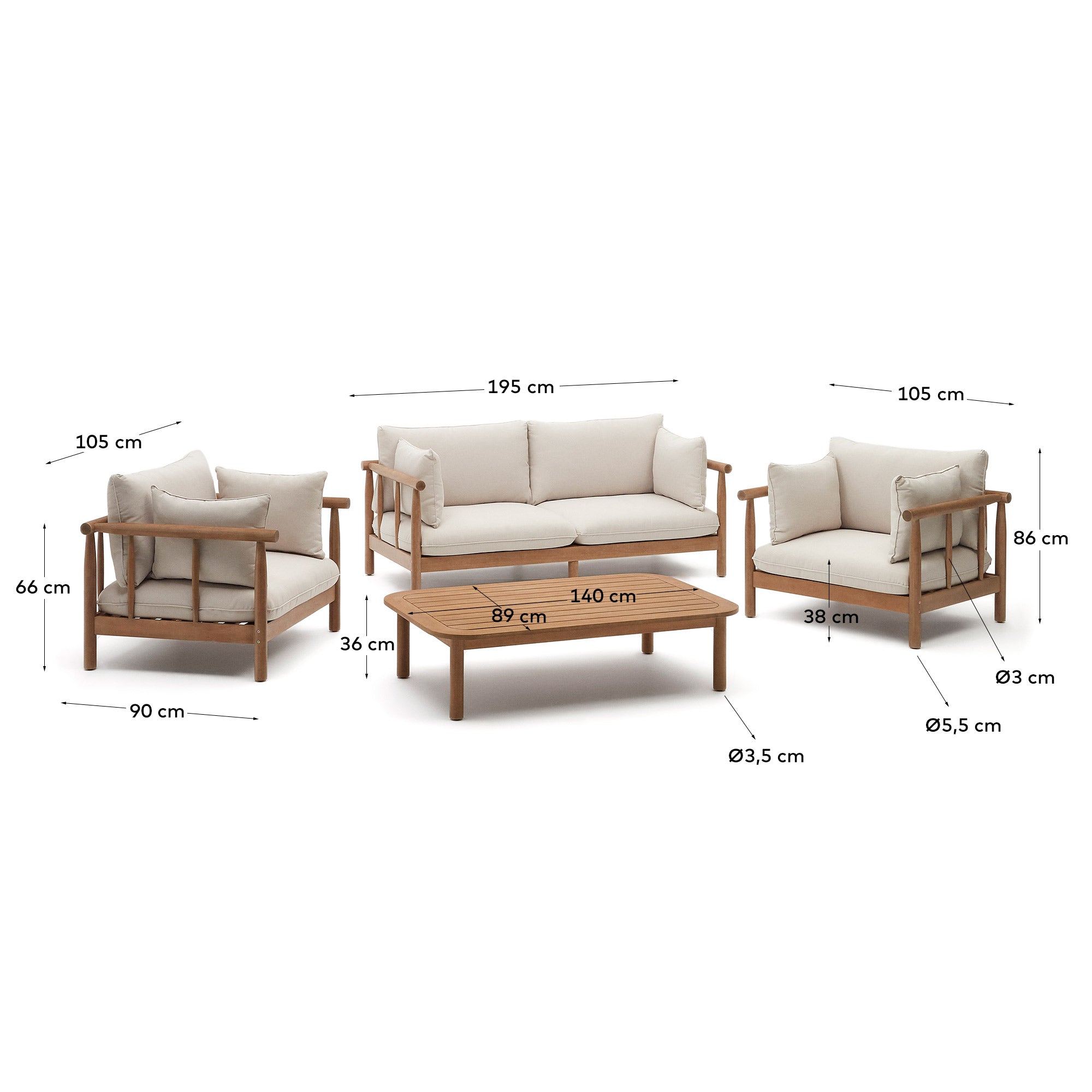 Sacova set of 2 armchairs, 2 seater sofa and coffee table in solid eucalyptus wood FSC - Measurements