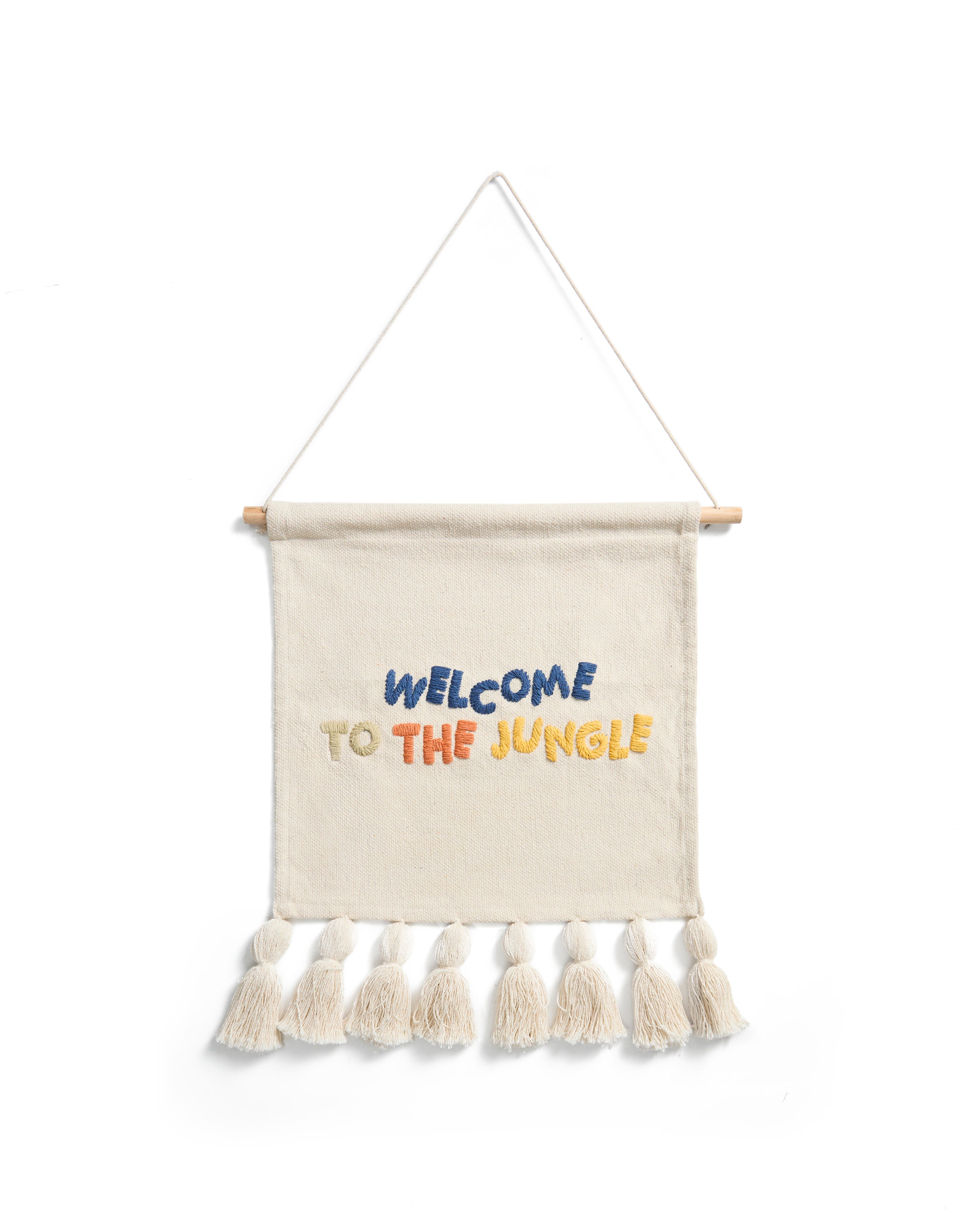 Tandani beige cotton wall tapestry with multicoloured letters and fringing 40 x 50cm - Product Image