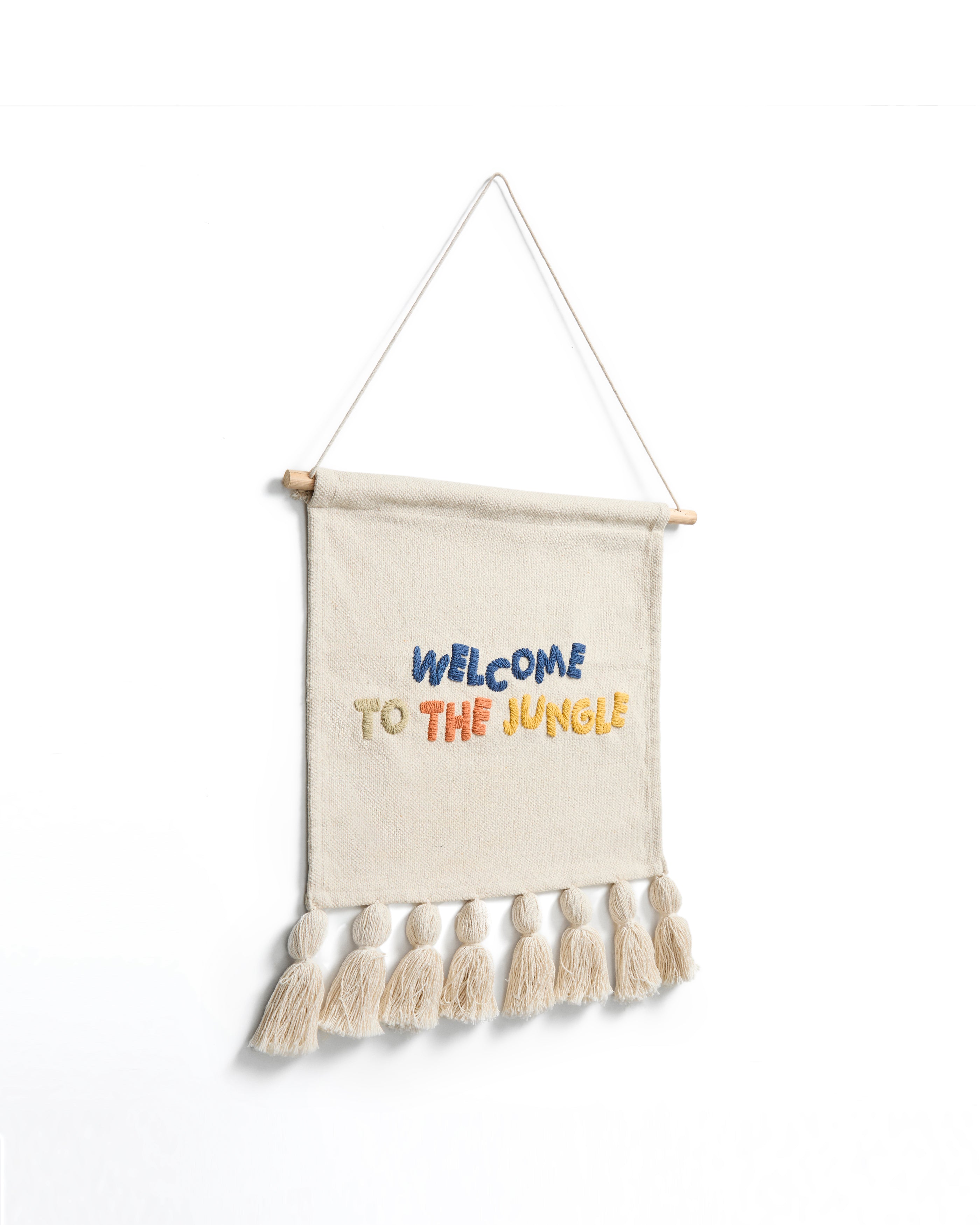 Tandani beige cotton wall tapestry with multicoloured letters and fringing 40 x 50cm - Product Image