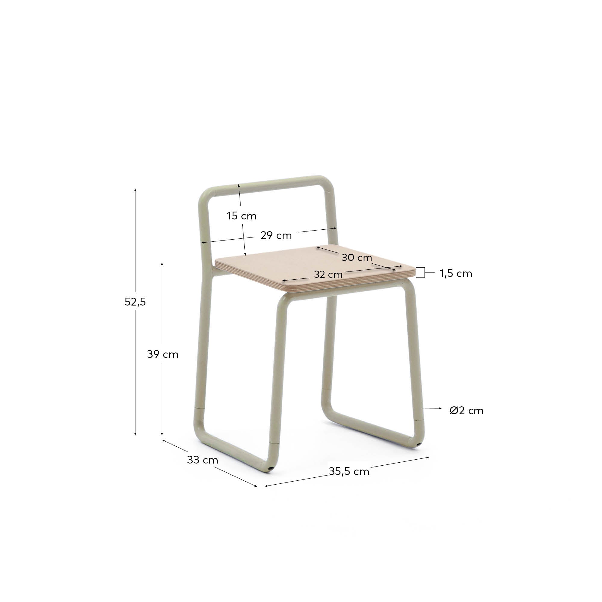 Tinn ash veneer chair with a beige metal structure - Measurements