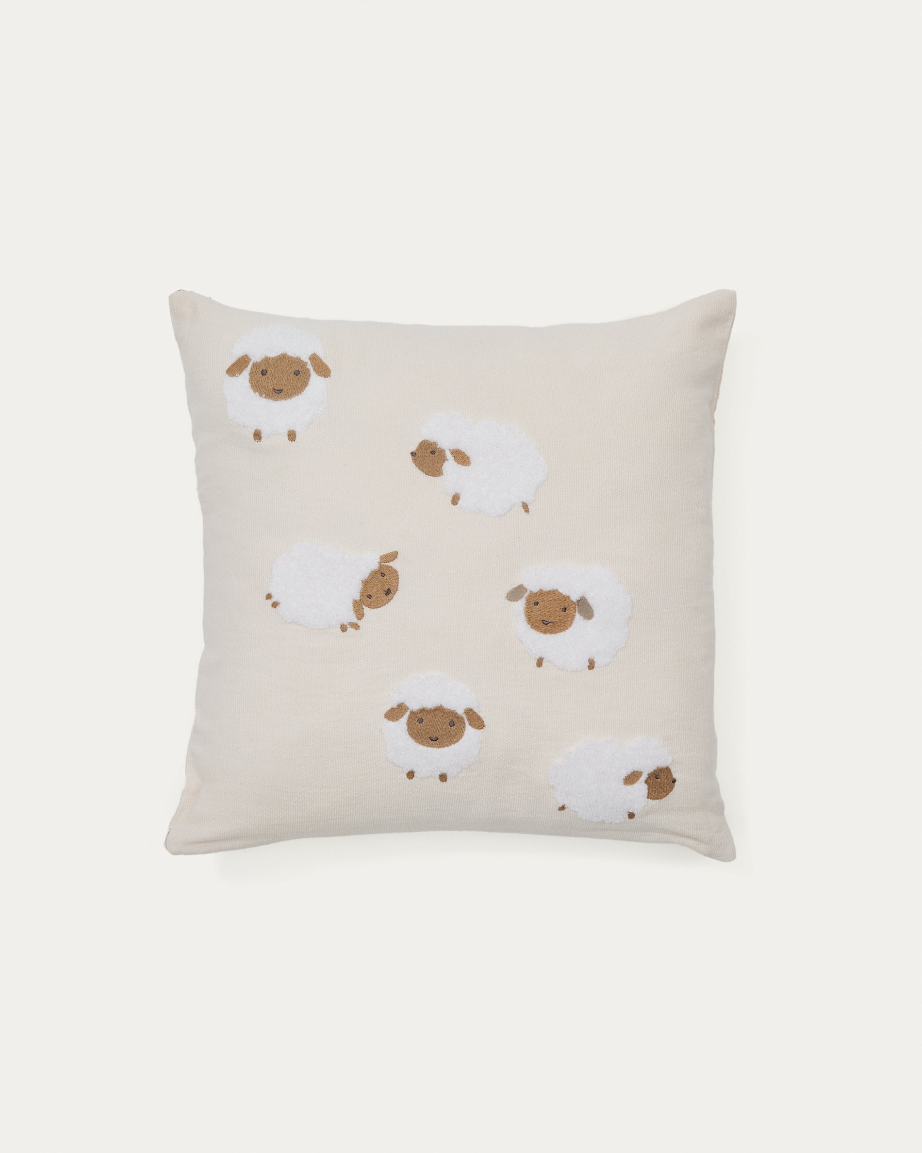 Milu cushion cover in beige cotton with sheep embroidery feature, 45 x 45 cm - Product View