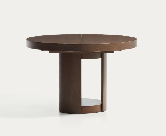 Artis extendable round table in solid wood and oak veneer with a walnut finish, FSC 100%, 120 (170) x 80 cm