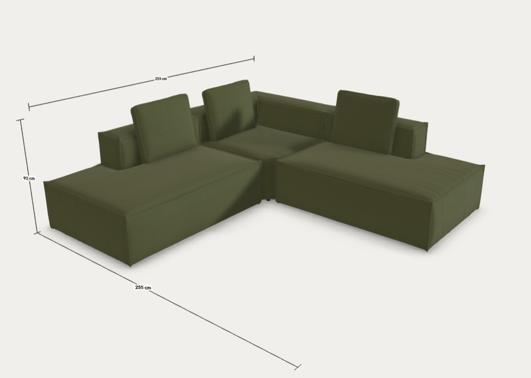 Egyedi Blok kanap 255 x 255 cm zöld kordbársony szövettel