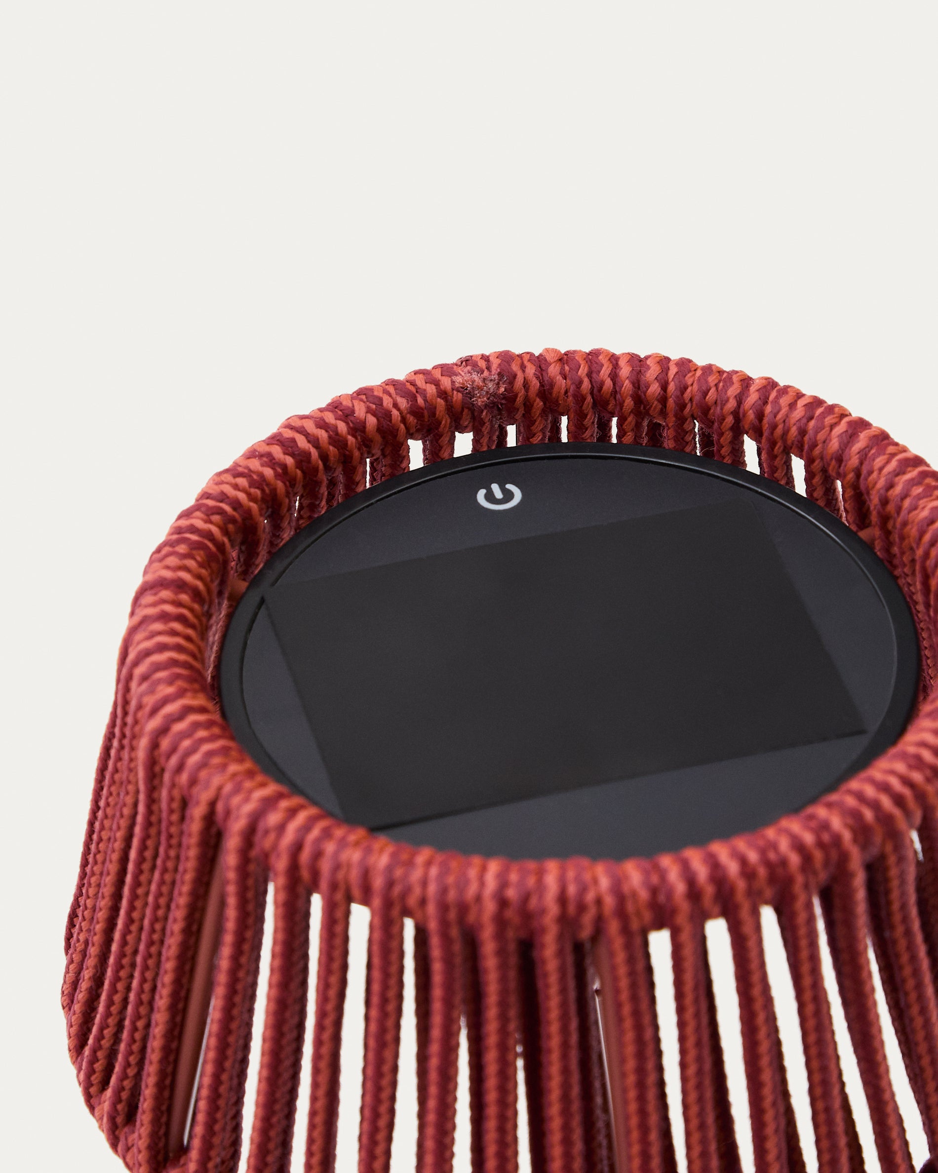 Aldet outdoor solar table lamp in terracotta mottled rope cord with terracotta metal stand - Detail