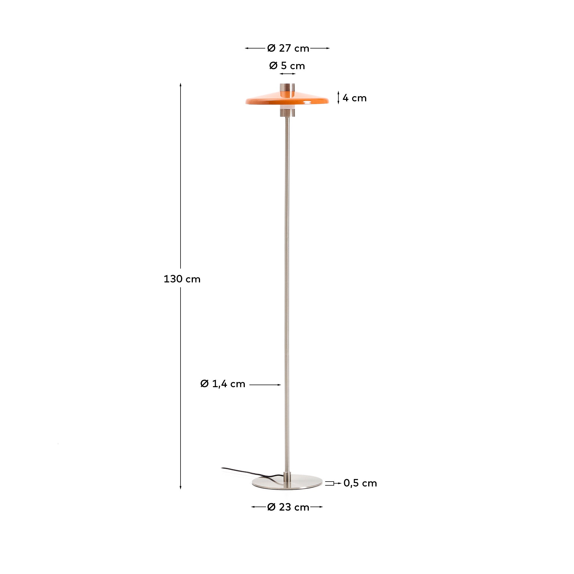 Nuvira floor lamp in light grey brushed metal and orange lampshade - Measurements