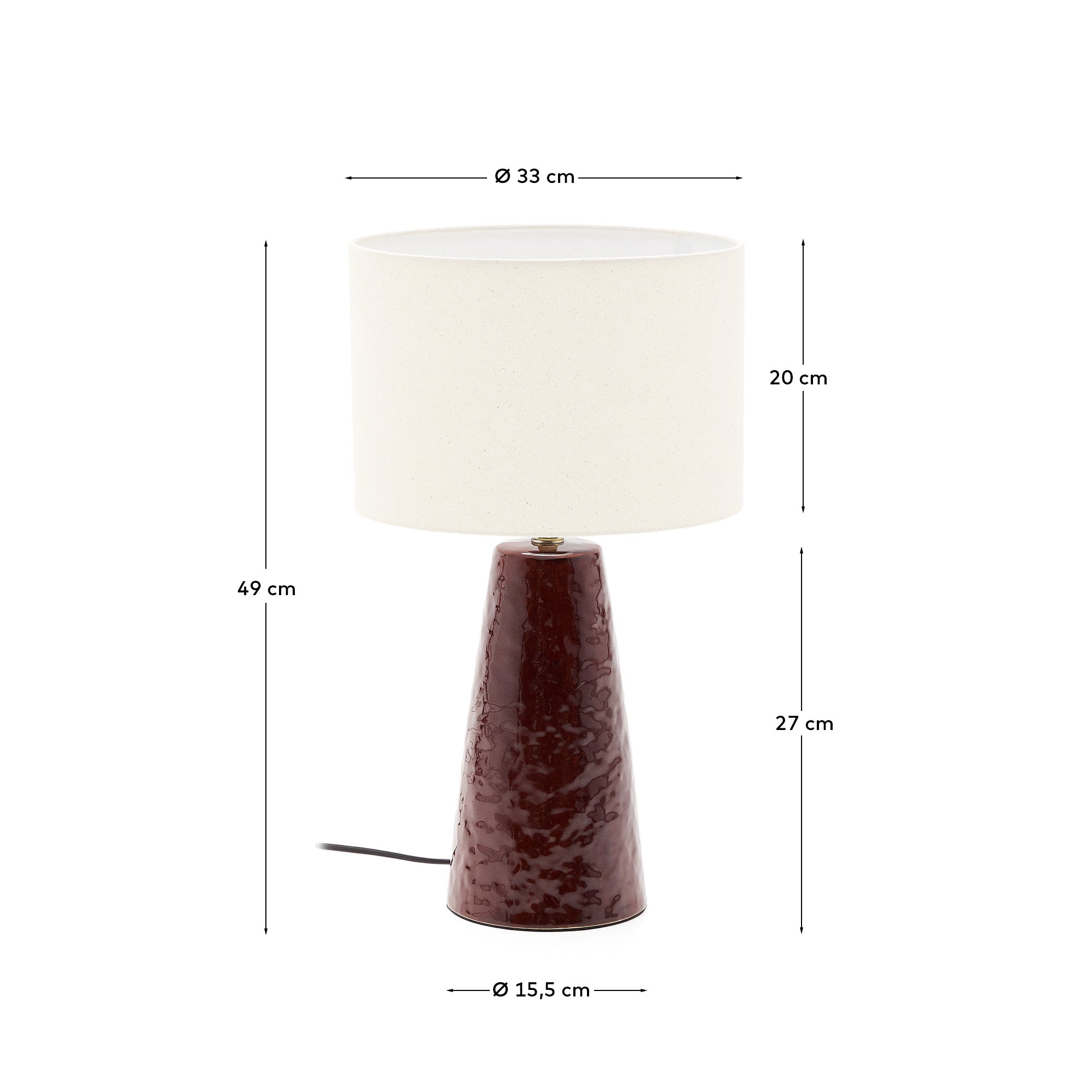 Drava table lamp in burgundy ceramic with cotton shade - Measurements