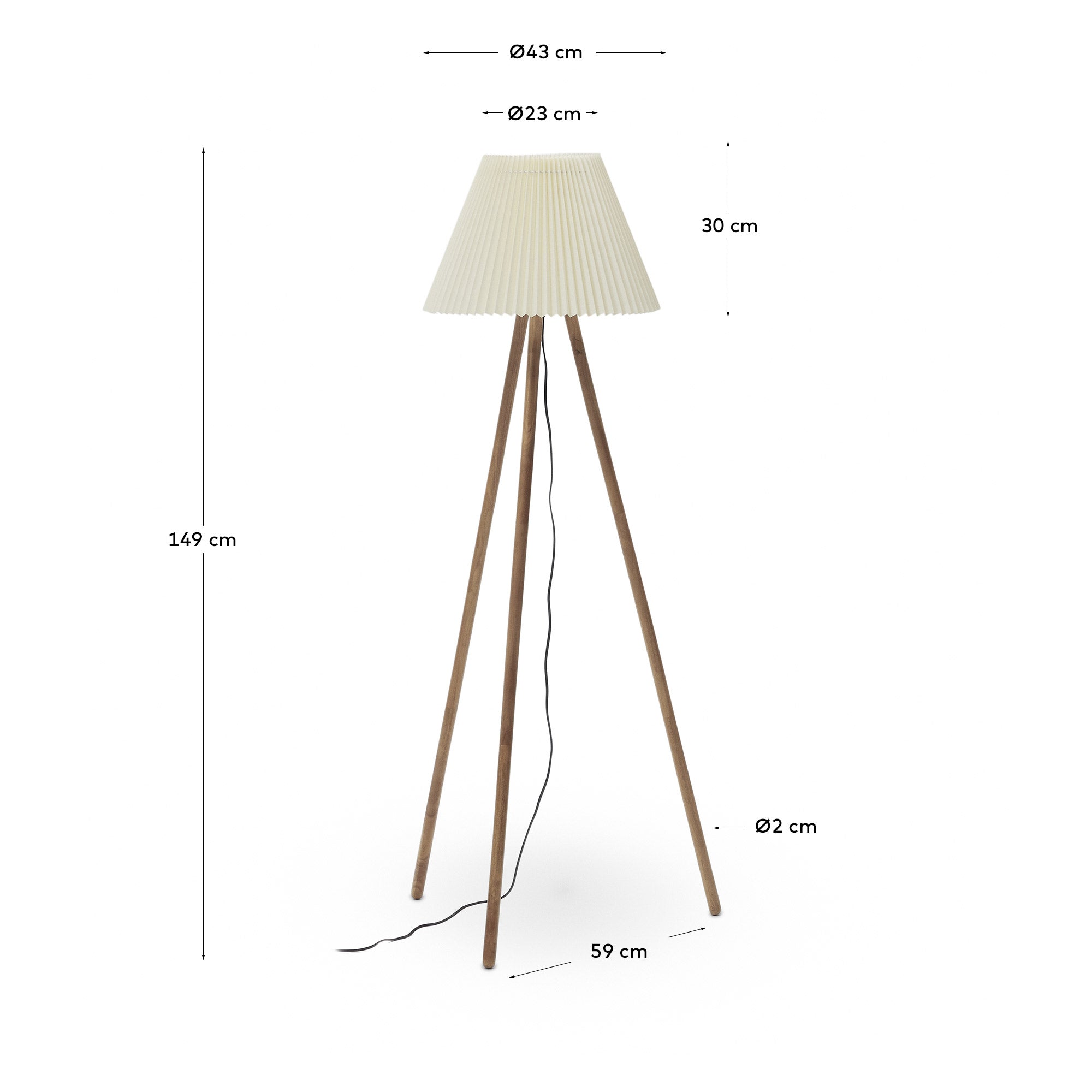 Benicarlo floor lamp in solid rubber wood with a natural, beige finish - Measurements