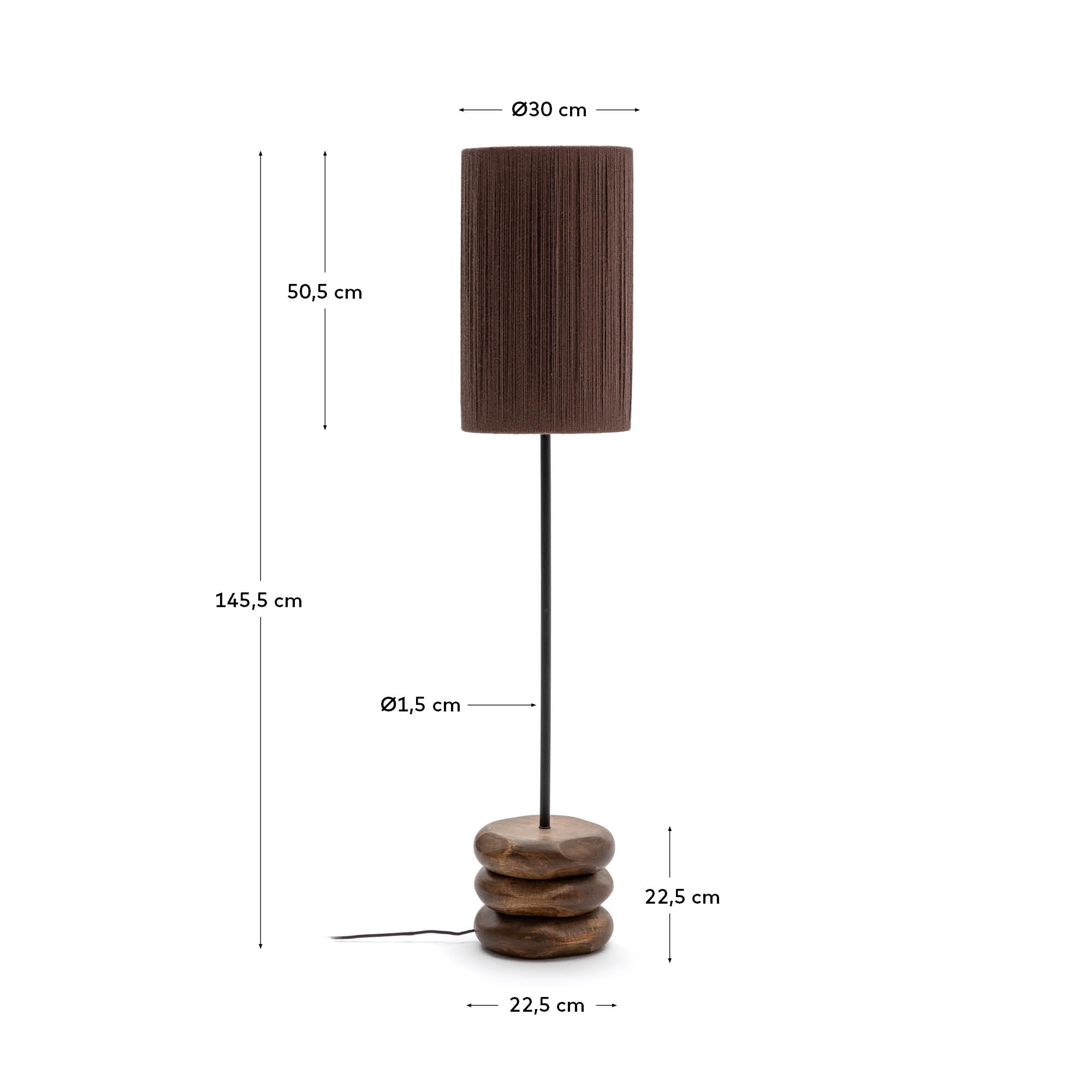 Kor table floor lamp made of jute and acacia wood in a dark finish - Measurements