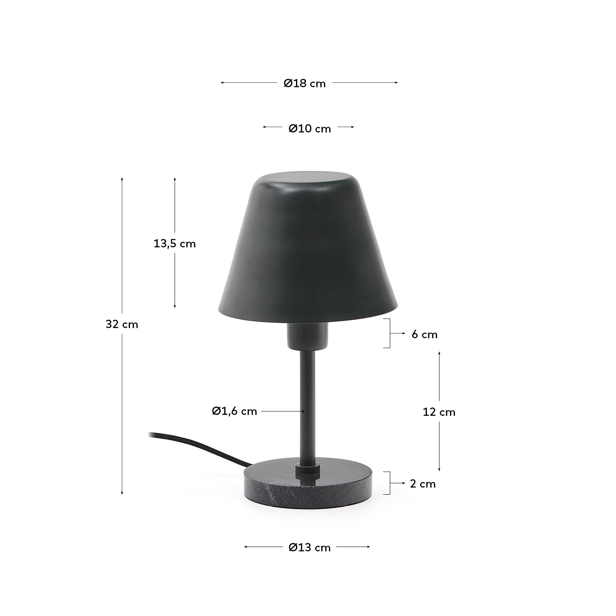 Calina table lamp in green metal and black marble - Measurements