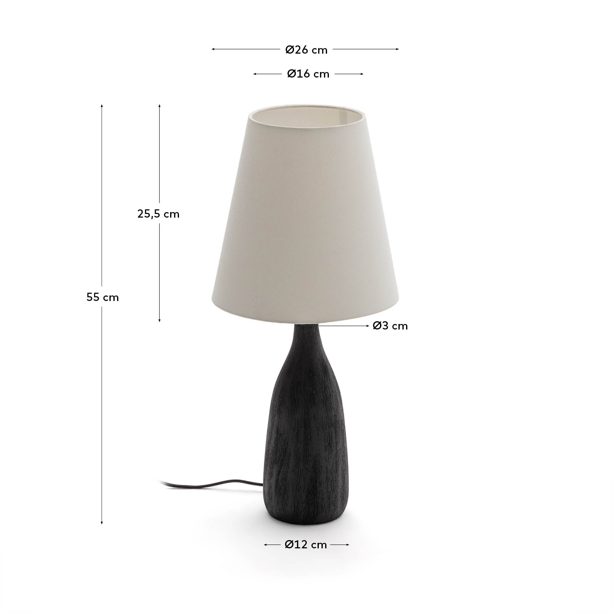 Luvia table lamp with a wooden base in a black painted finish - Measurements