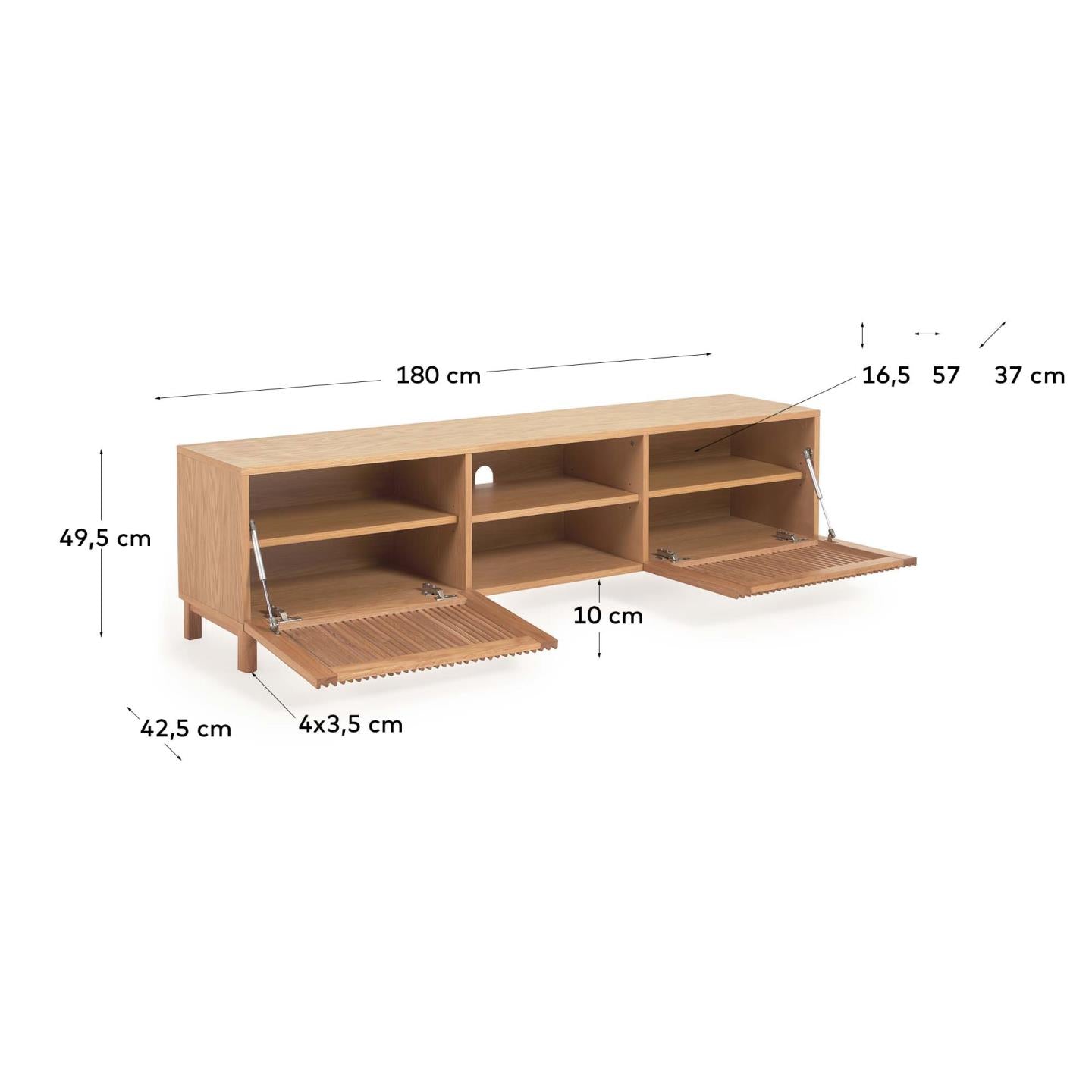 Beyla 2-door TV stand in solid oak wood and oak veneer 180 x 49.5cm FSC 100% - Measurements