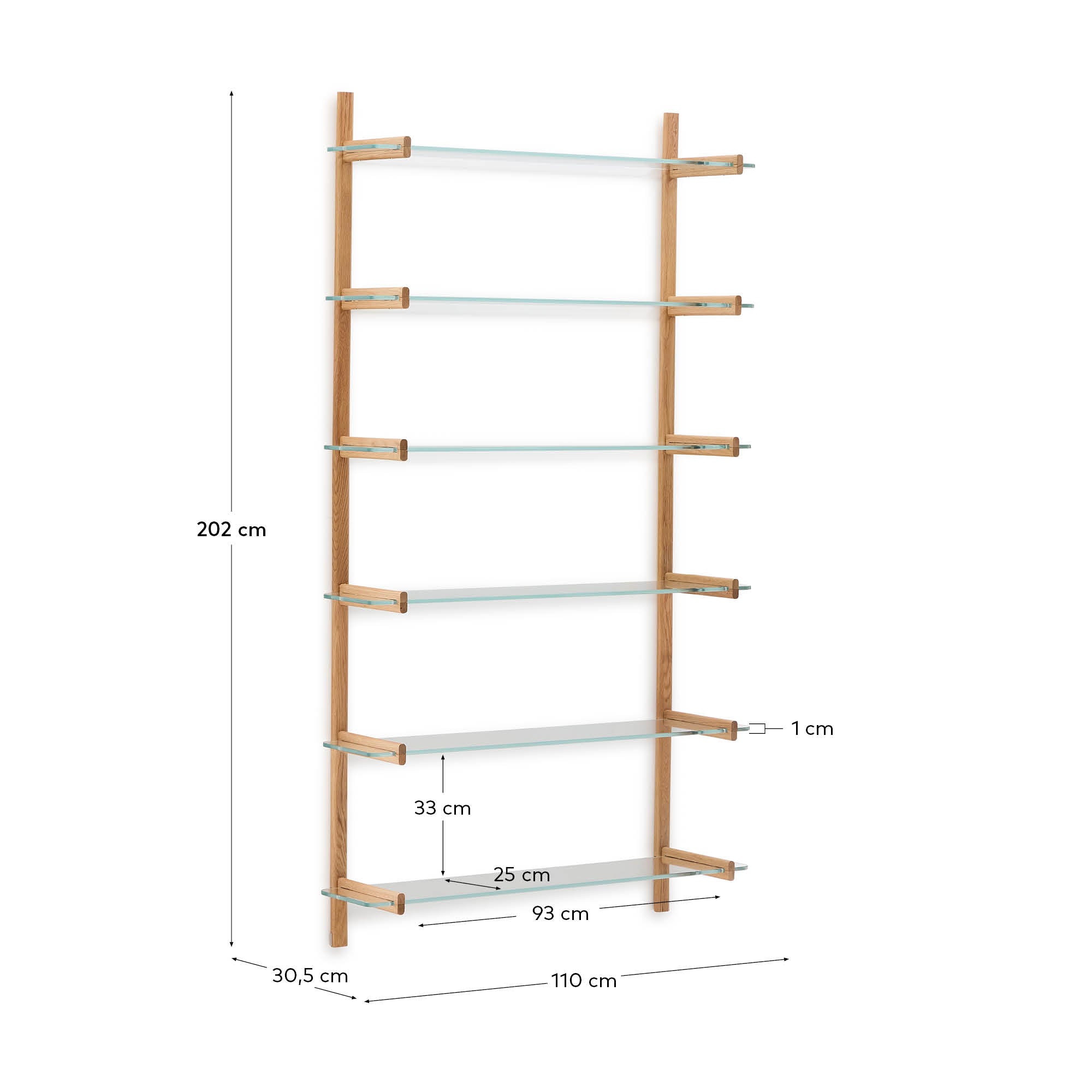 Sitra modular shelf, 6 glass shelves and FSC Mix Credit solid oak wood, 110 cm - Measurements