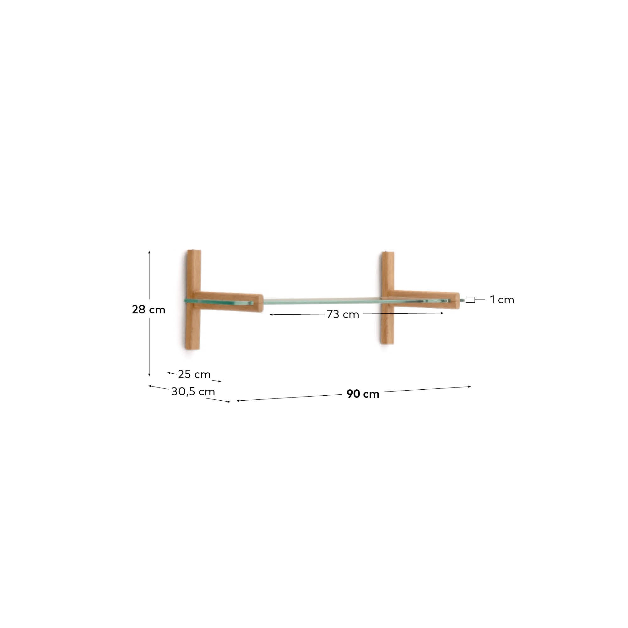 Sitra modular shelf, 1 glass shelf and FSC Mix Credit solid oak wood, 90 cm - Measurements