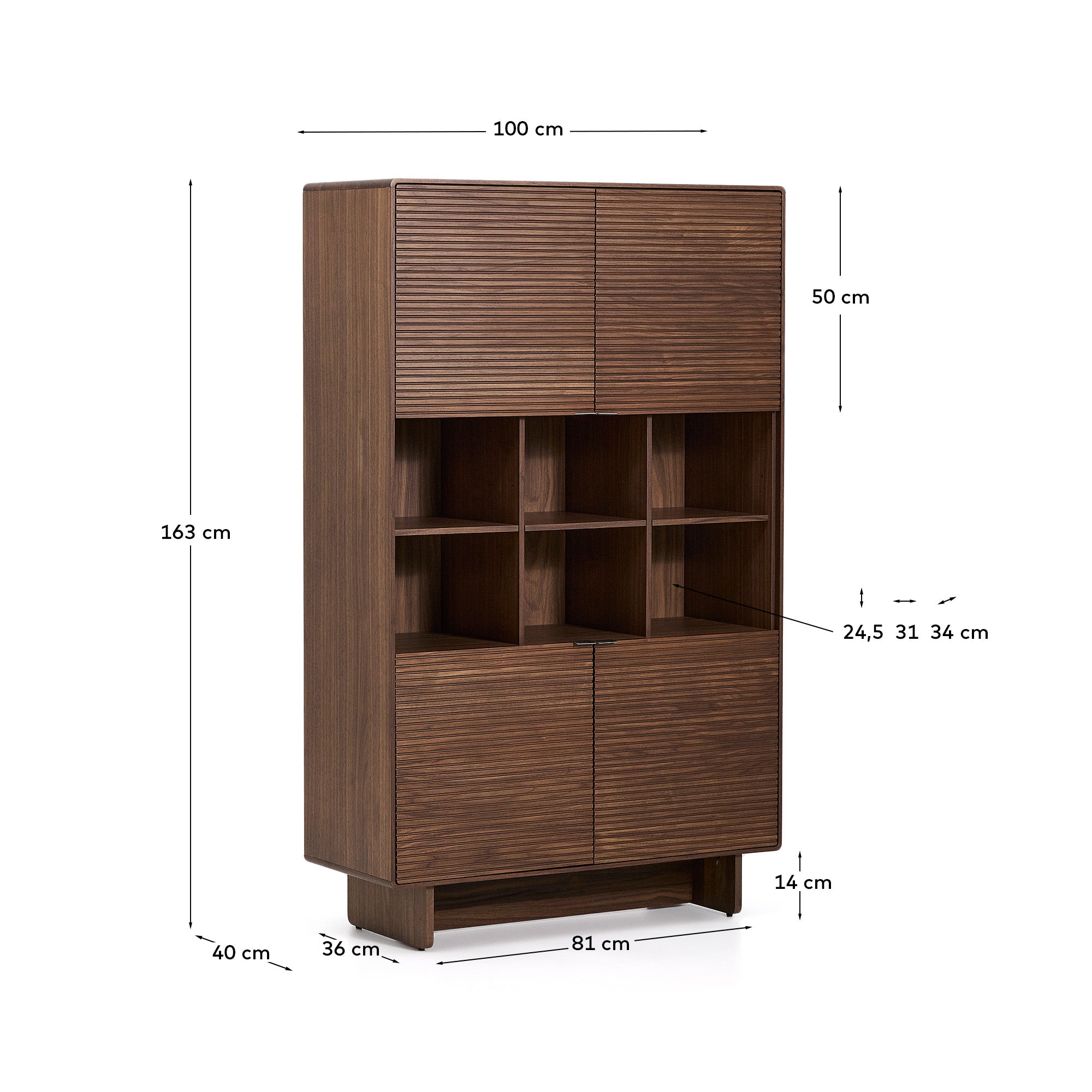 Norlen 4-door tall sideboard in walnut veneer FSC Mix Credit 100 x 163cm - Measurements