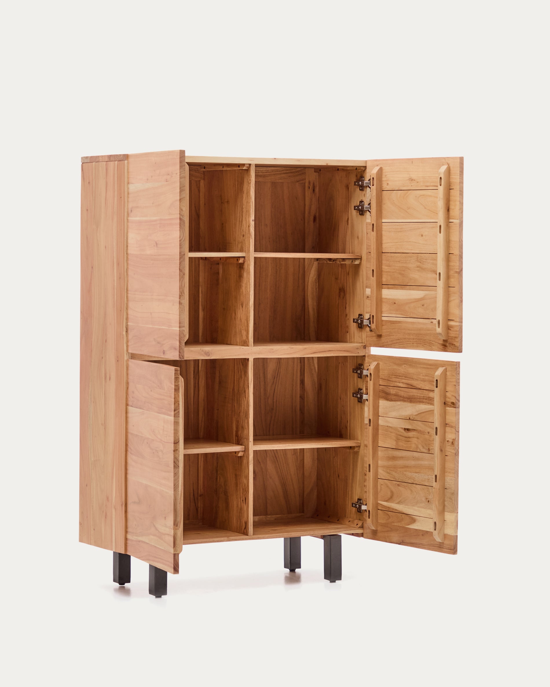 Uxue 4-door tall sideboard in solid acacia wood with bleached finish and black steel 100 x 155cm - Product View