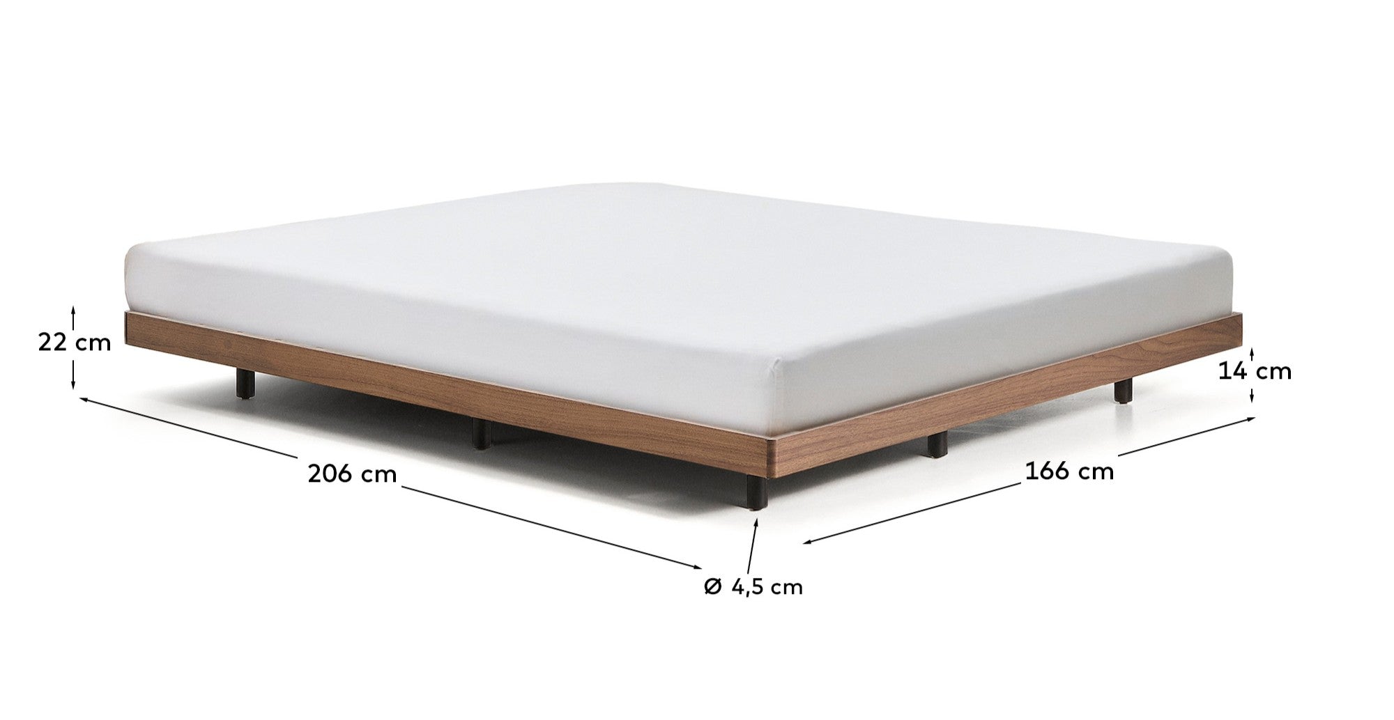 Norlen bed base in walnut veneer with dark finish for 160 x 200cm mattress FSC Mix Credit - Measurements