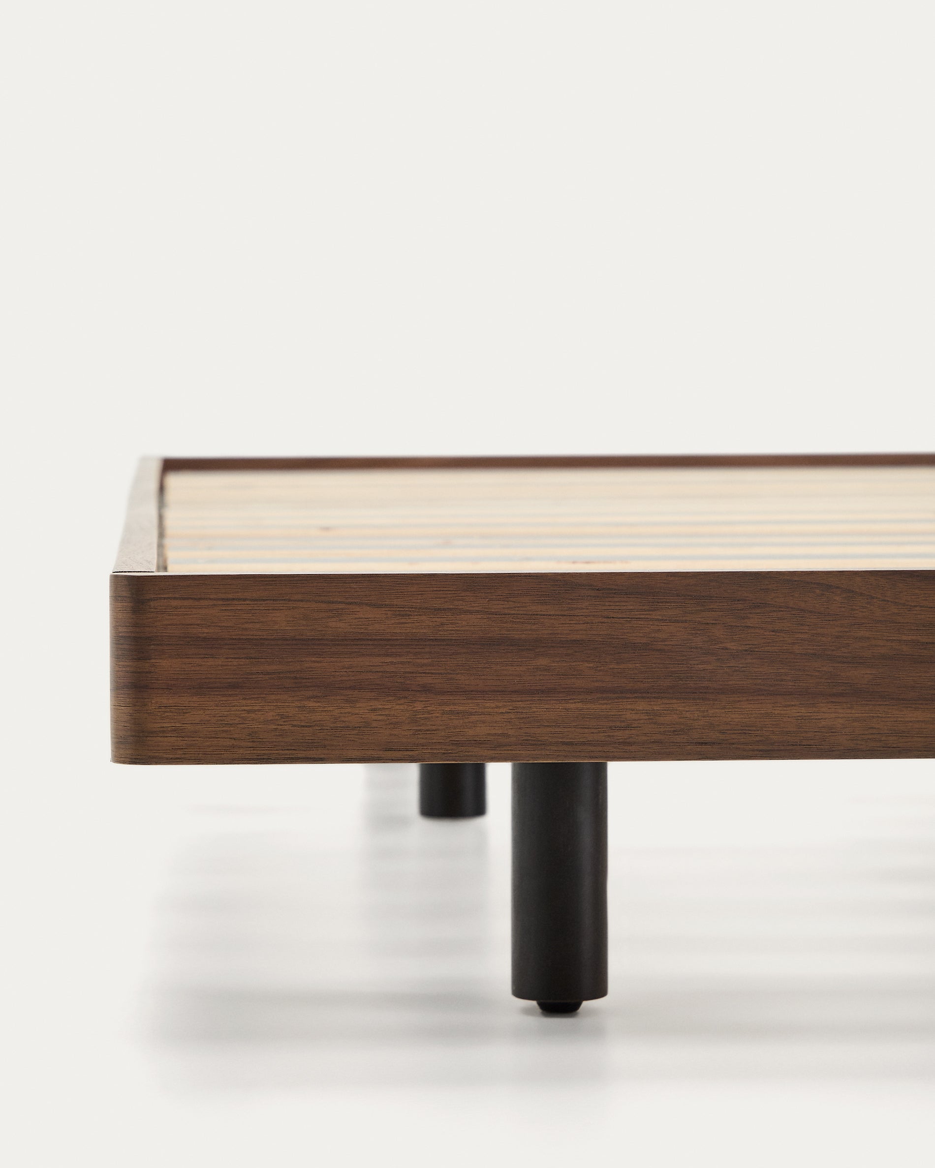 Norlen bed base in walnut veneer with dark finish for 160 x 200cm mattress FSC Mix Credit - Detail