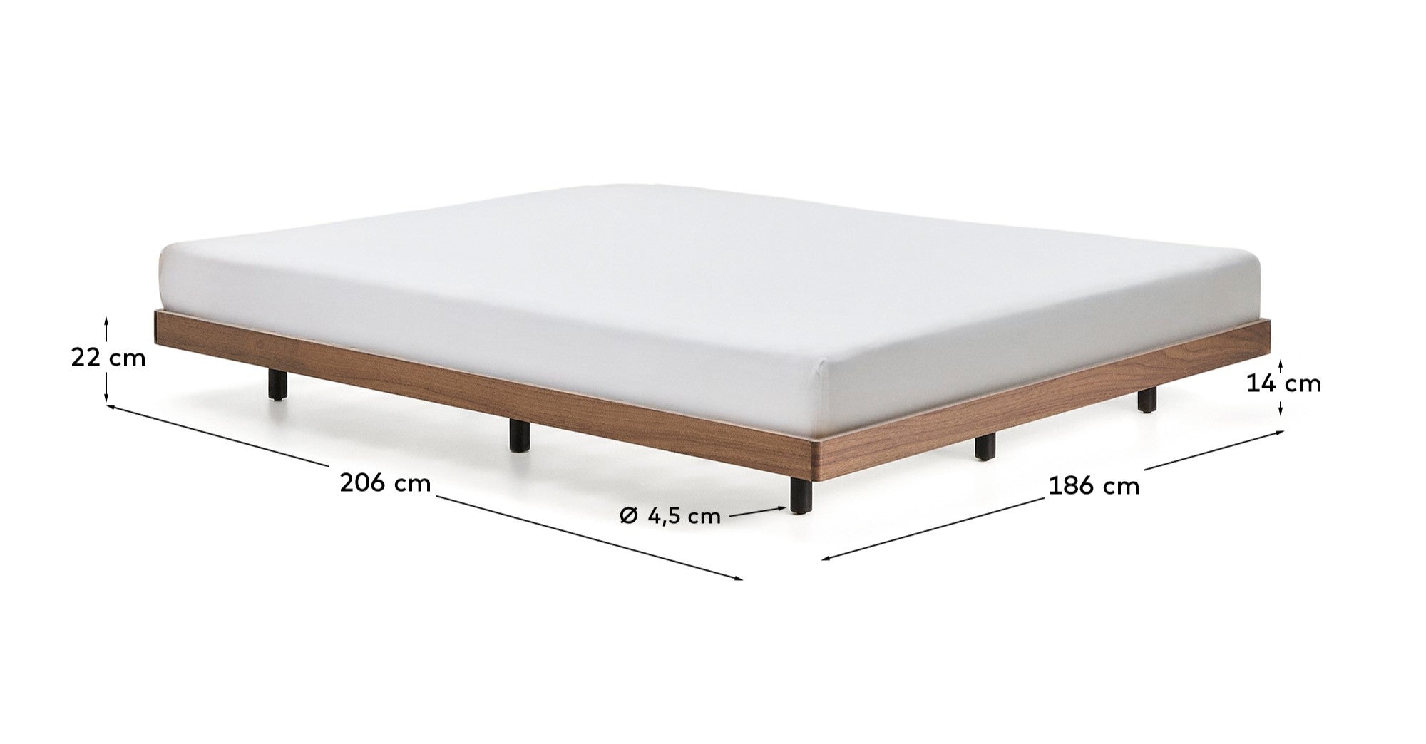 Norlen bed base in walnut veneer with dark finish for 180 x 200cm mattress FSC Mix Credit - Measurements