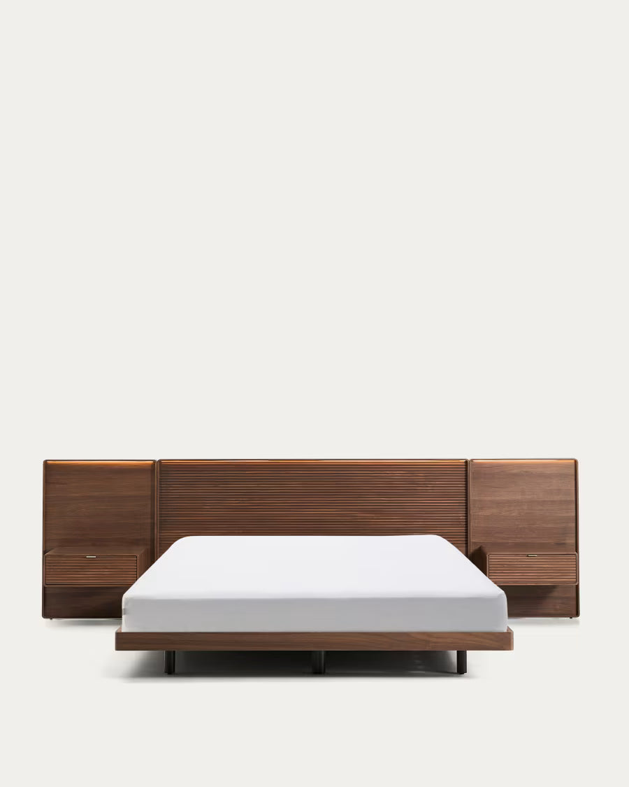 Norlen ágy 2 éjjeliszekrénnyel, sötét dió furnérral és LED világítással, 180 x 200 cm-es matrac számára, FSC Mix Credit
