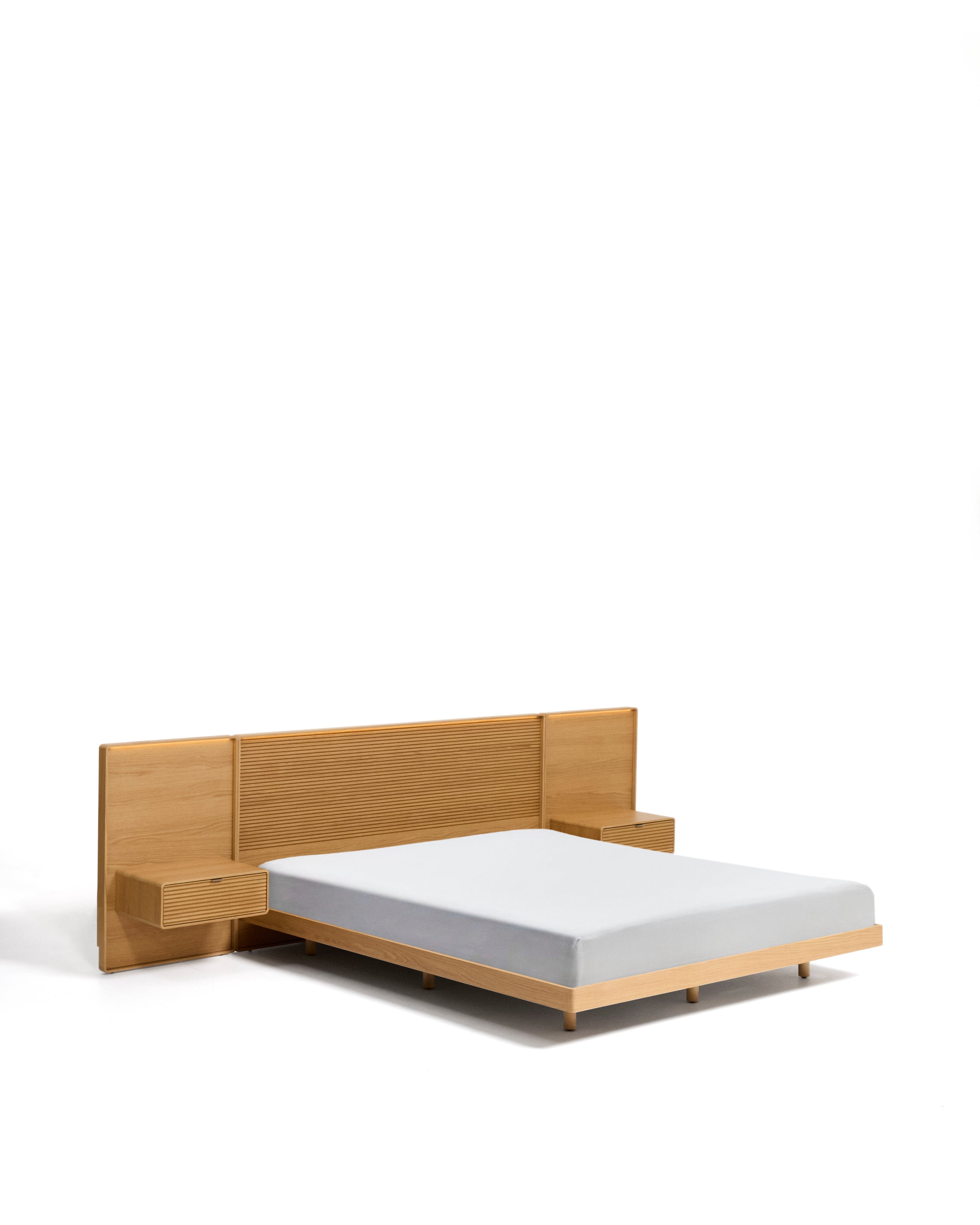 Norlen bed with 2 bedside tables in oak veneer with natural finish and LED light for 160 x 200 cm mattress FSC Mix Credit - Product Image