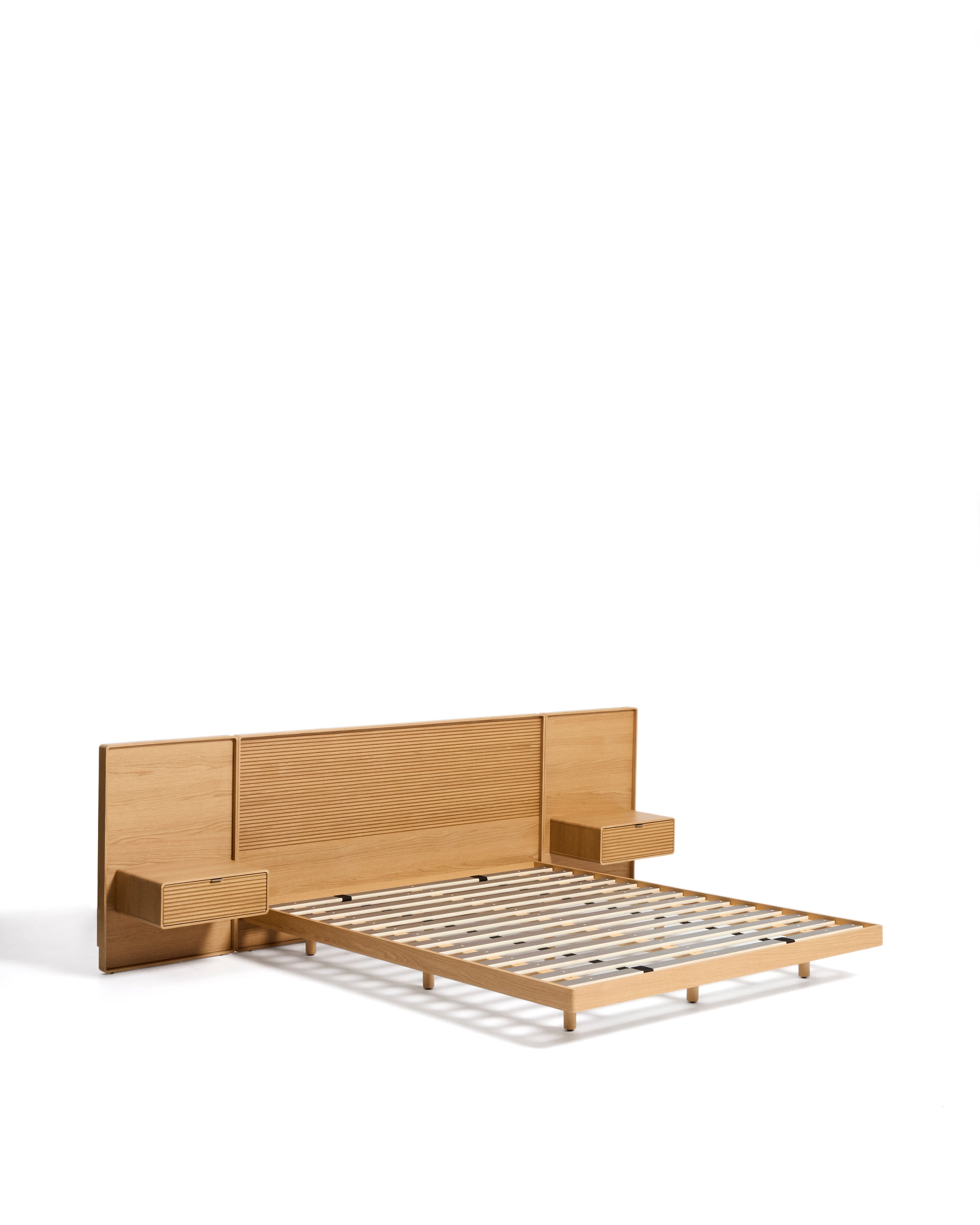 Norlen bed with 2 bedside tables in oak veneer with natural finish and LED light for 160 x 200 cm mattress FSC Mix Credit - Product Image