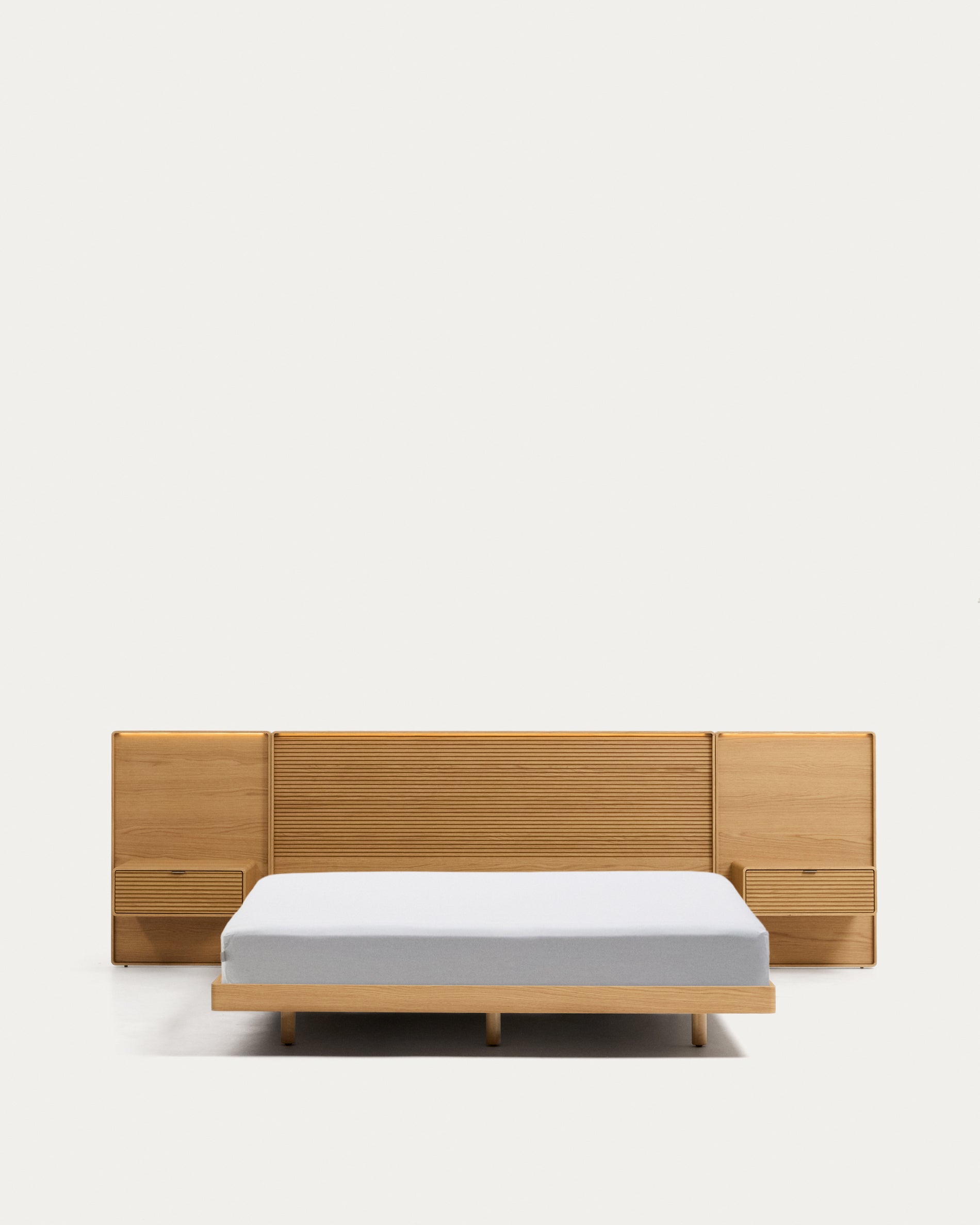 Norlen bed with 2 bedside tables in oak veneer with natural finish and LED light for 160 x 200 cm mattress FSC Mix Credit - Product View