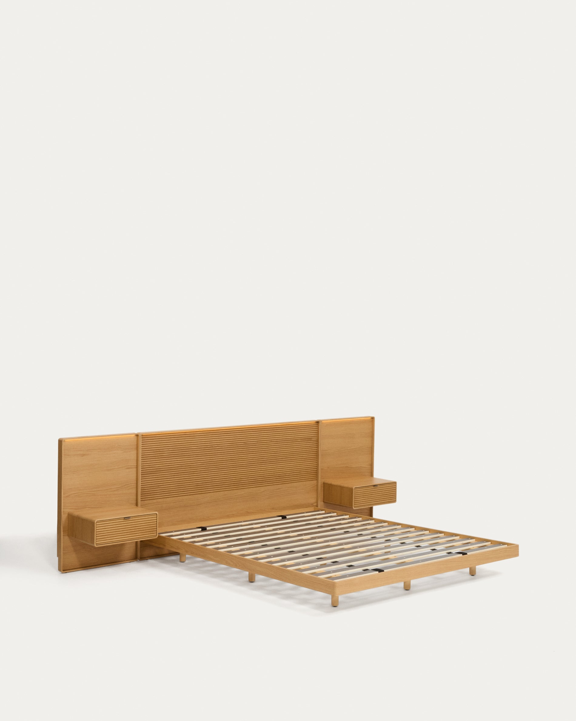 Norlen bed with 2 bedside tables in oak veneer with natural finish and LED light for 160 x 200 cm mattress FSC Mix Credit - Product View
