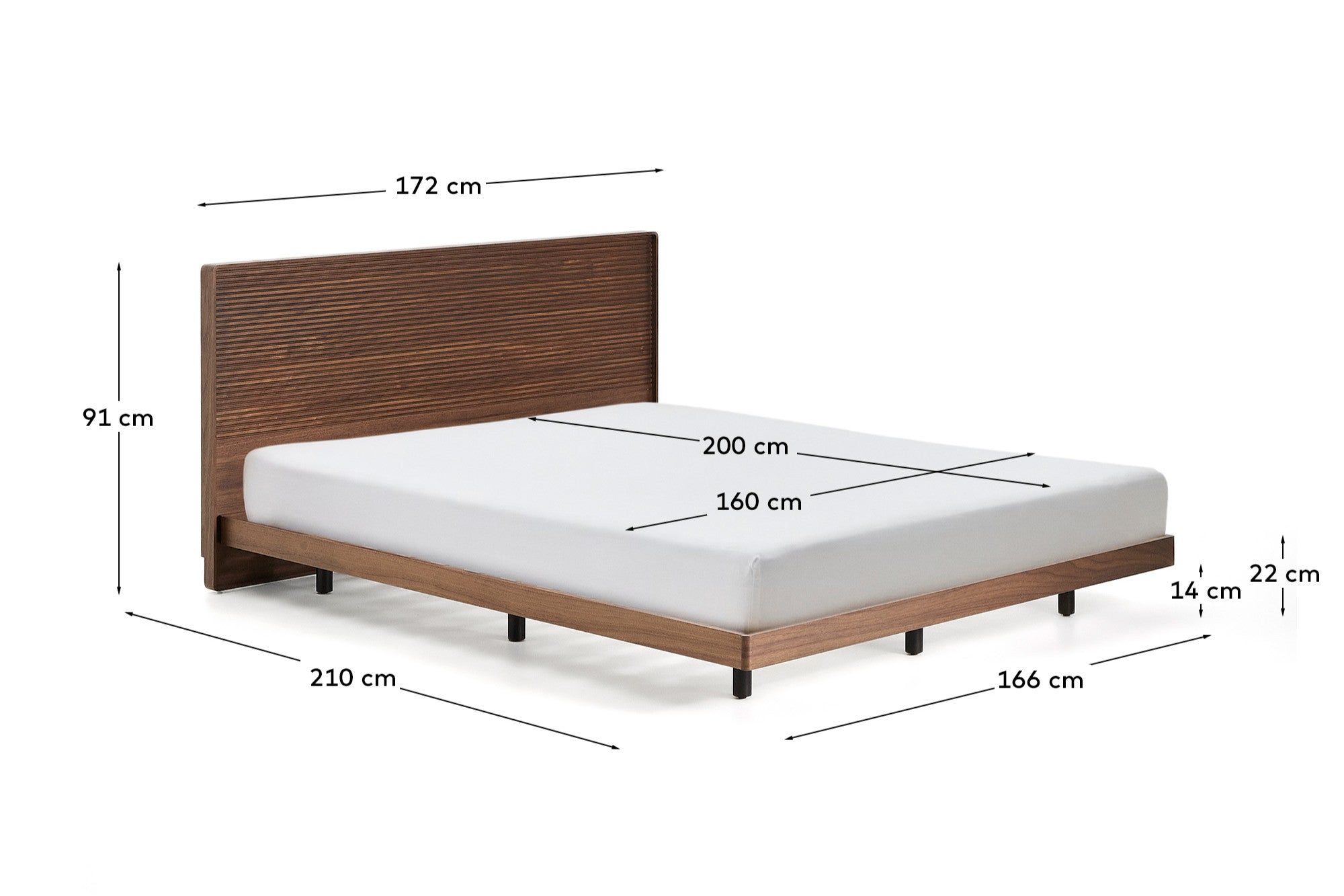 Norlen bed in walnut veneer with dark finish and LED light for 160 x 200cm mattress FSC Mix Credit - Measurements