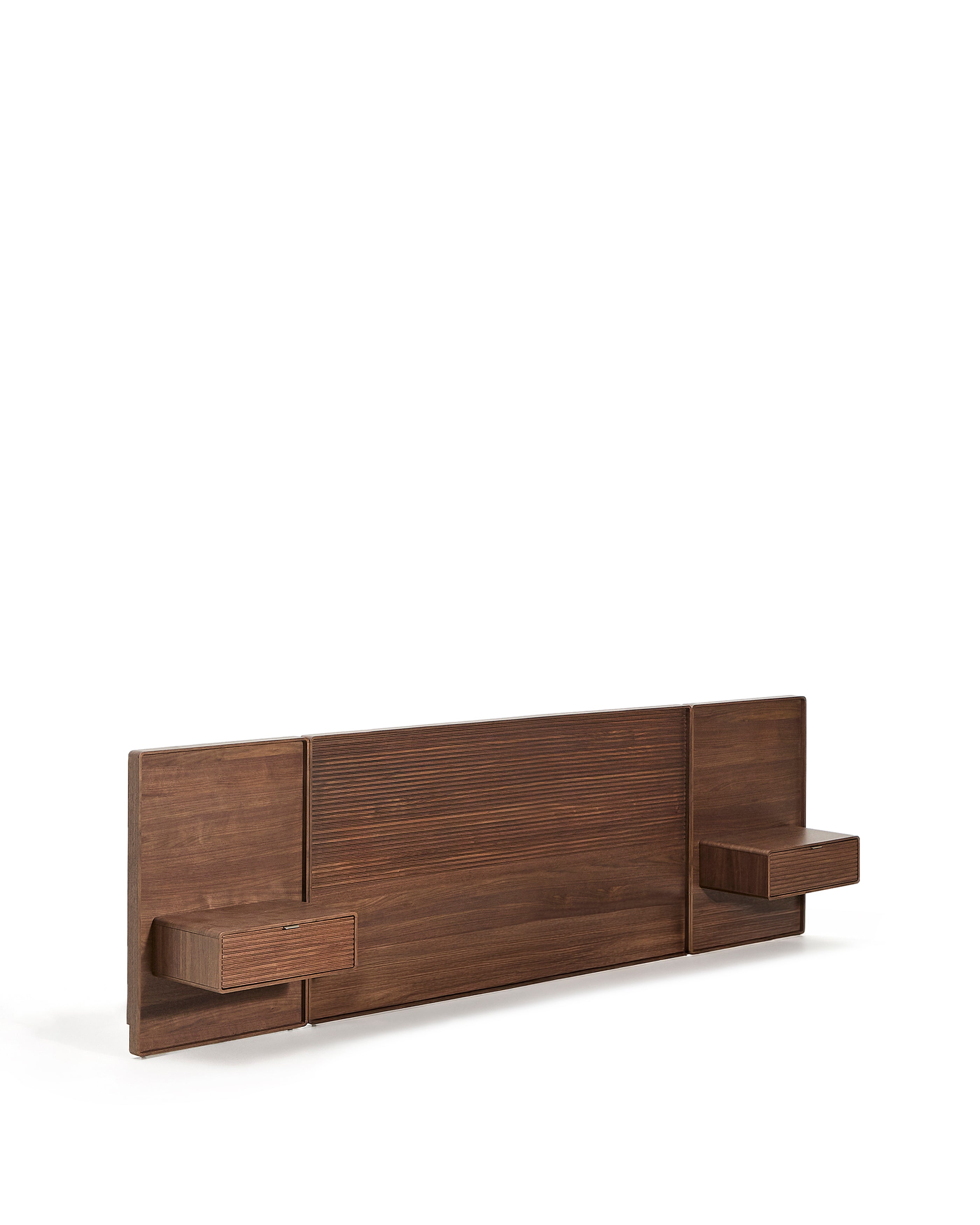 Norlen headboard with 2 bedside tables in walnut veneer with a dark finish and LED light for beds up to 160cm FSC Mix Credit - Product Image
