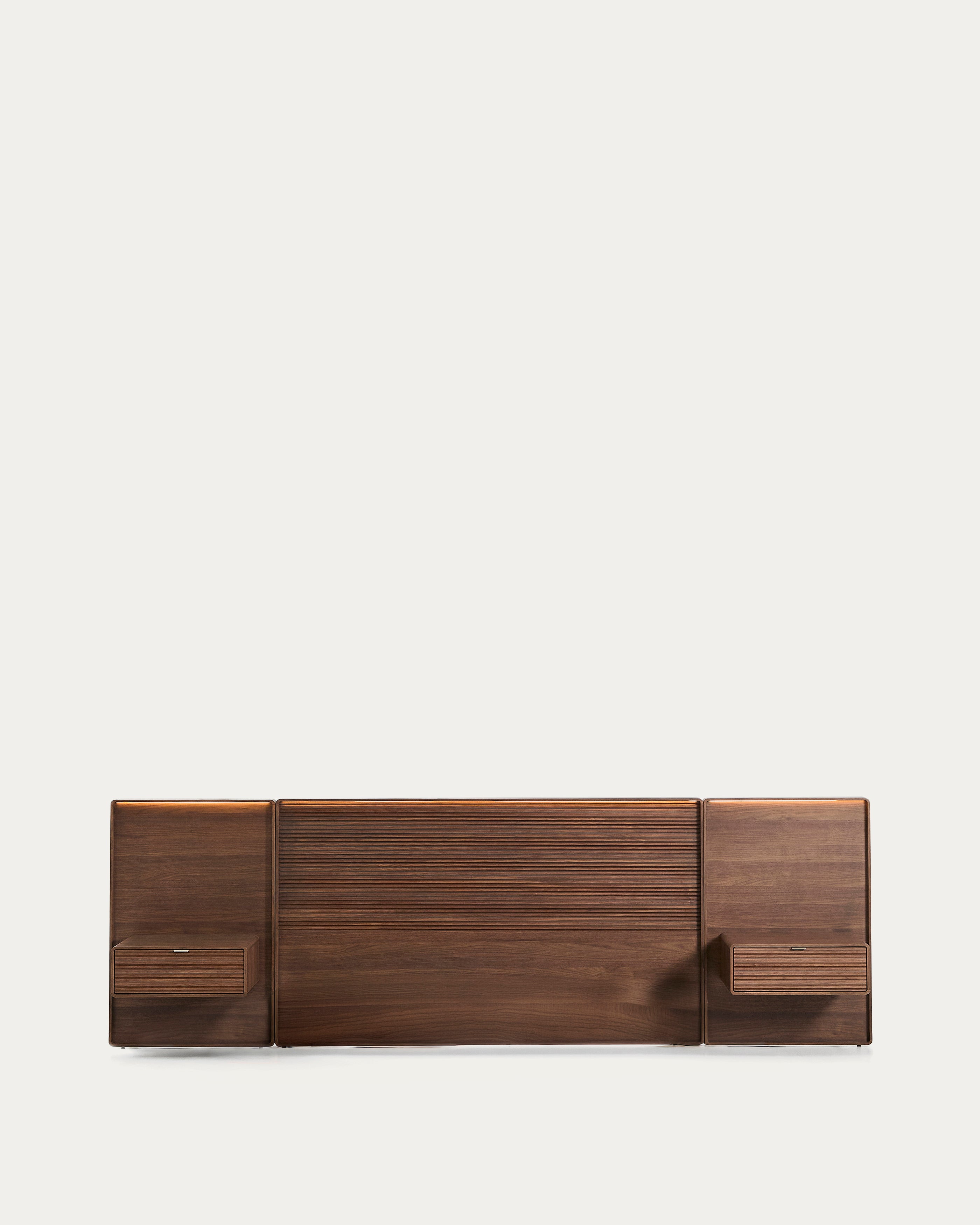 Norlen headboard with 2 bedside tables in walnut veneer with a dark finish and LED light for beds up to 160cm FSC Mix Credit - Product View