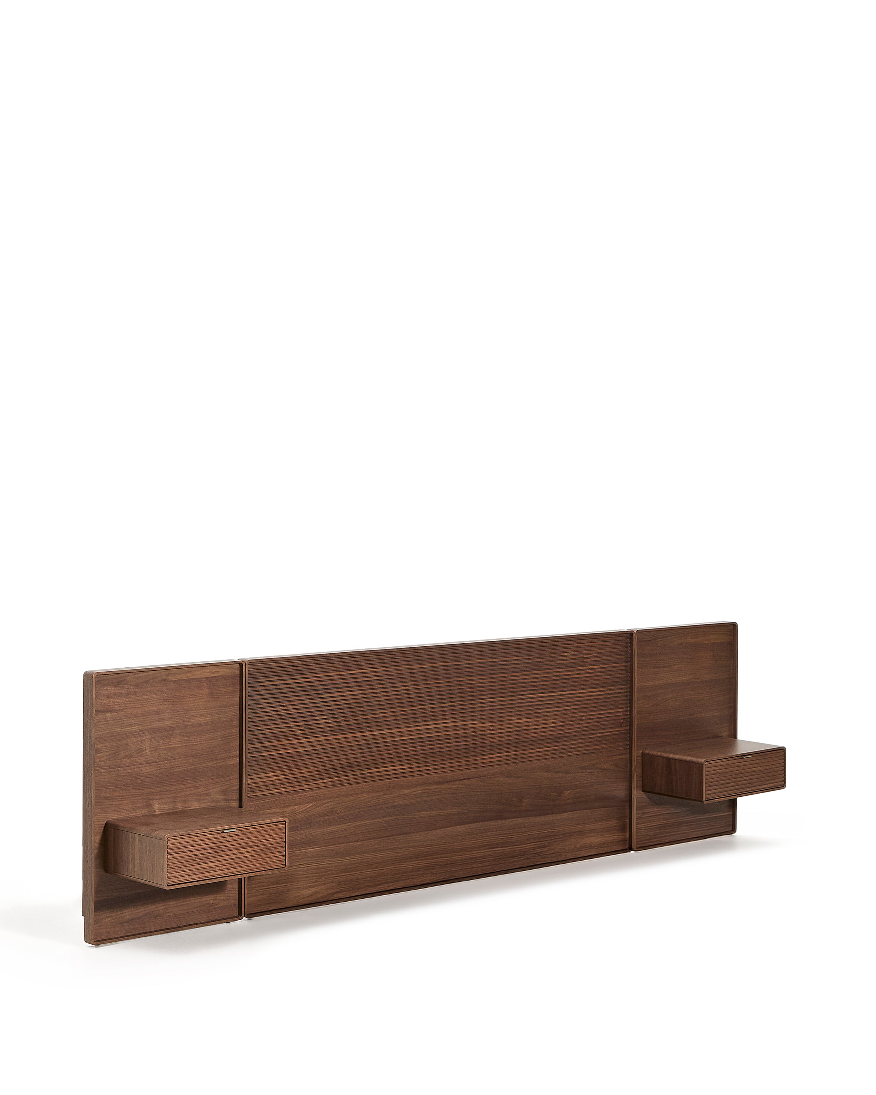 Norlen headboard with 2 bedside tables in walnut veneer with a dark finish and LED light for beds up to 180cm FSC Mix Credit - Product Image