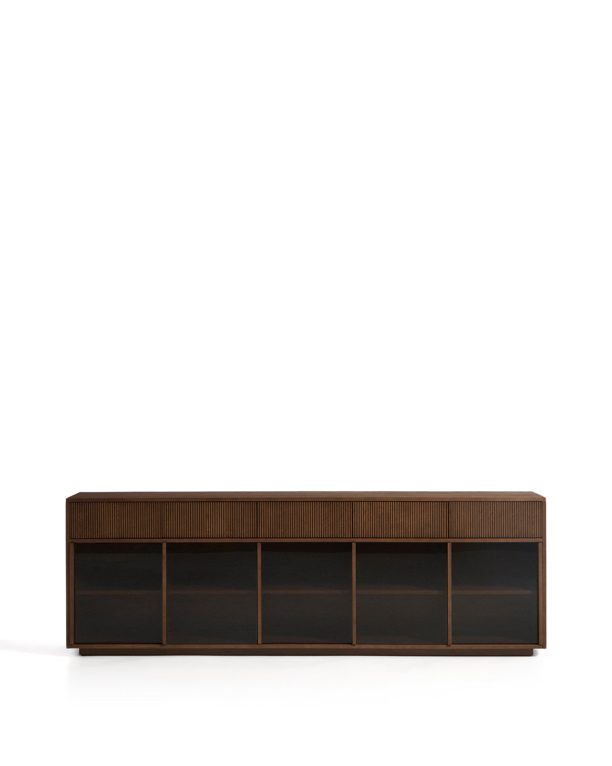 Helvine 5-door, 5-drawer sideboard in ash veneer with walnut finish and tempered glass 242 x 80cm FSC 100% - Product Image