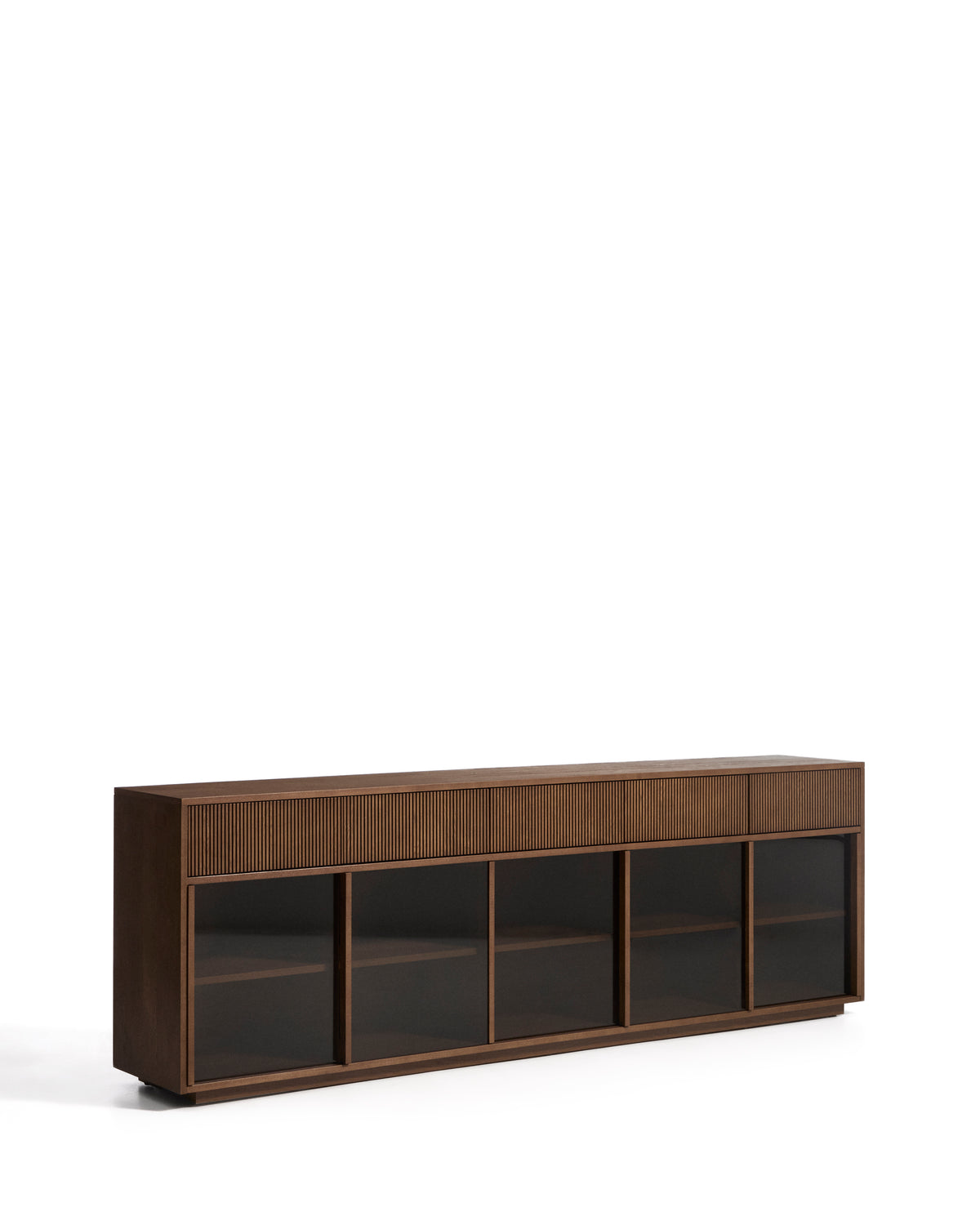 Helvine 5-door, 5-drawer sideboard in ash veneer with walnut finish and tempered glass 242 x 80cm FSC 100% - Product Image