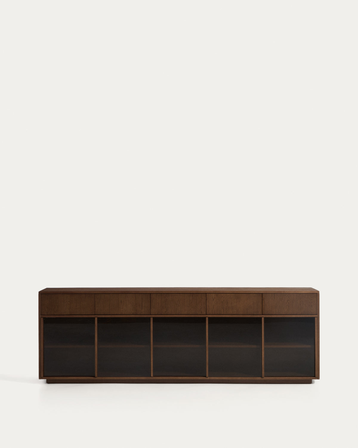 Helvine 5-door, 5-drawer sideboard in ash veneer with walnut finish and tempered glass 242 x 80cm FSC 100% - Product View