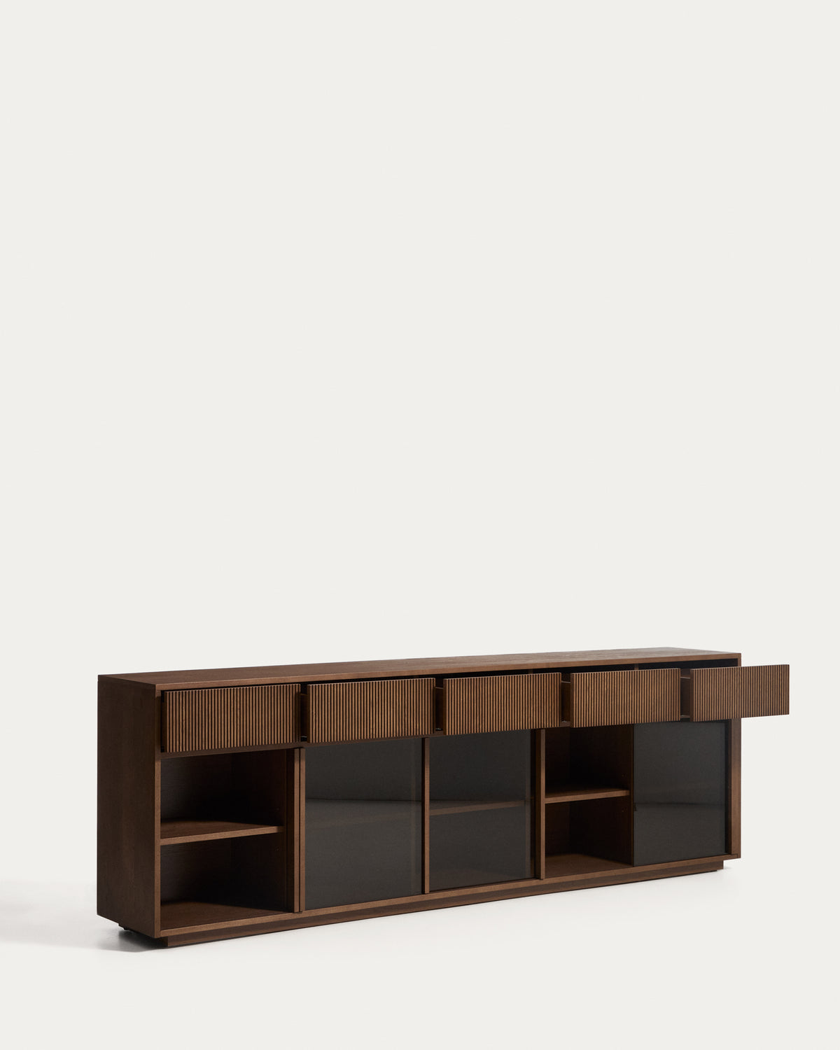 Helvine 5-door, 5-drawer sideboard in ash veneer with walnut finish and tempered glass 242 x 80cm FSC 100% - Product View