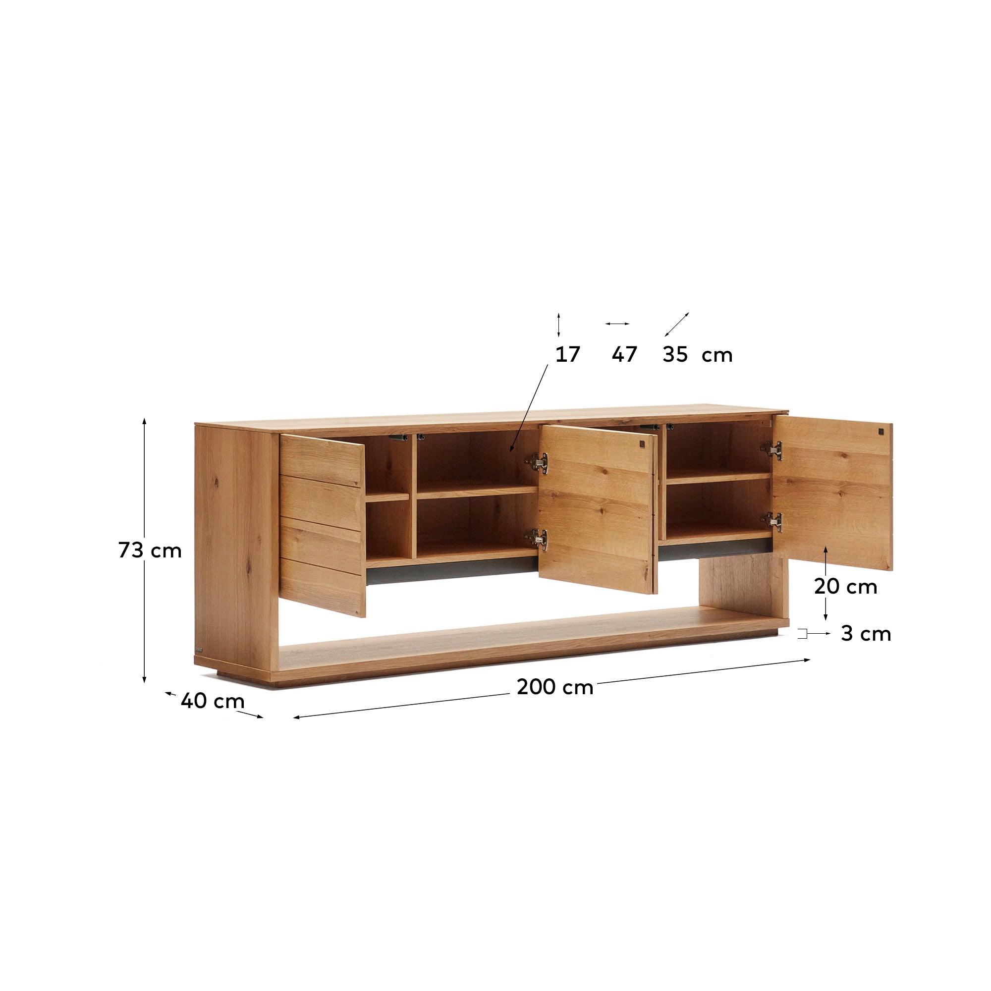 Alguema sideboard with 4 doors in oak veneer with natural finish, 200 x 74 cm - Measurements